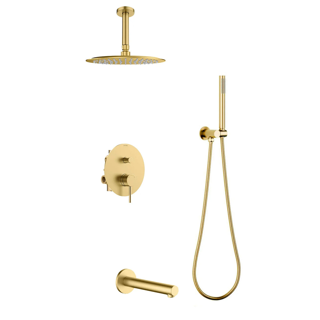 3-Way Concealed Shower System – Brass Pressure Balance Mixer with Rain, Hand & Tub Outlet-AB303005 Brushed Gold