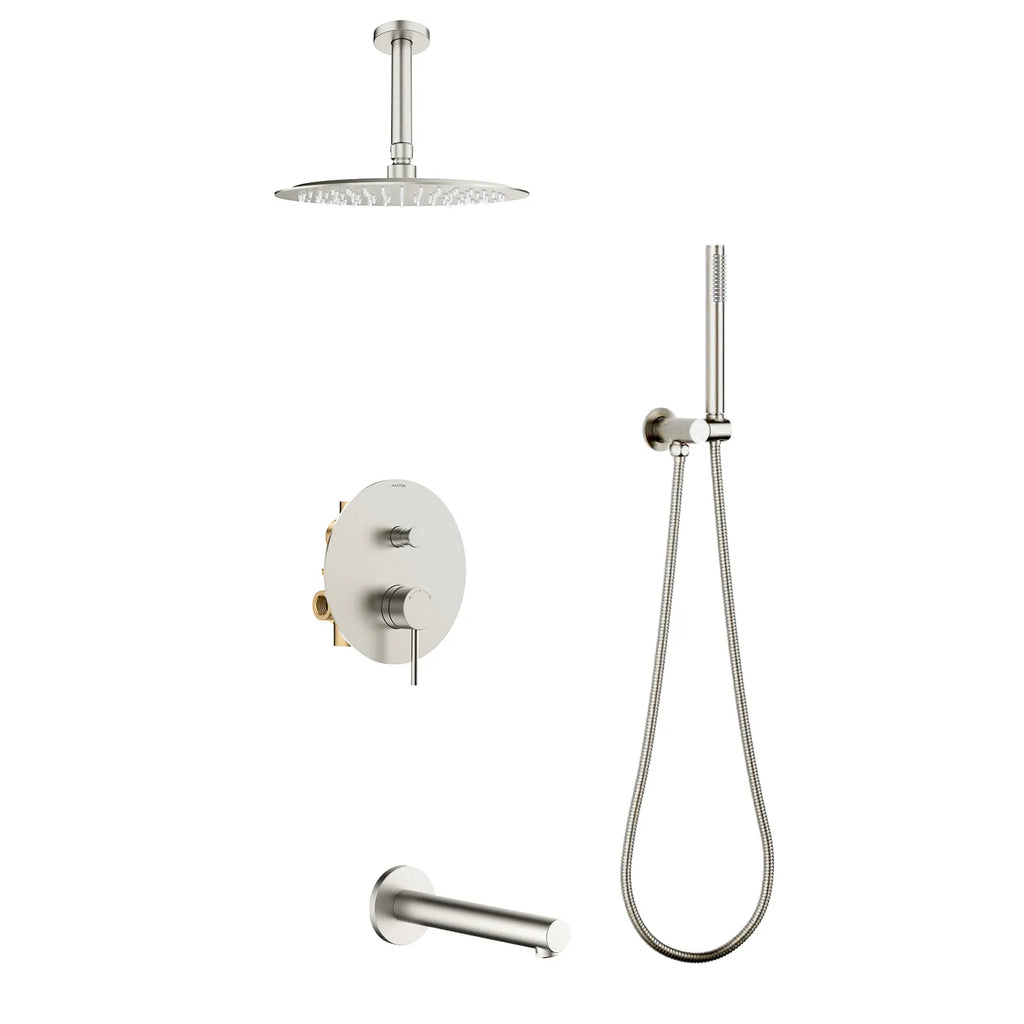 3-Way Concealed Shower System – Brass Pressure Balance Mixer with Rain, Hand & Tub Outlet-AB303005 Brushed Nickel