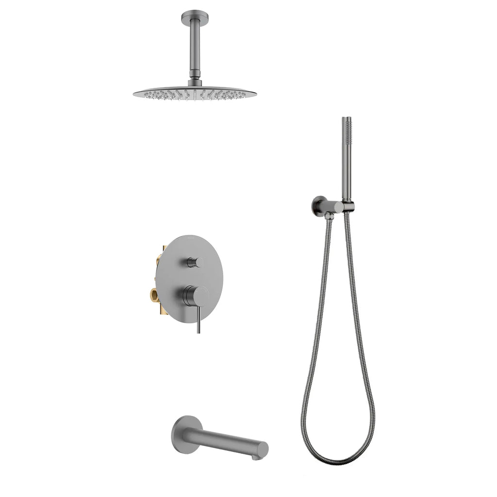 3-Way Concealed Shower System – Brass Pressure Balance Mixer with Rain, Hand & Tub Outlet-AB303005 Brushed Gun Metal