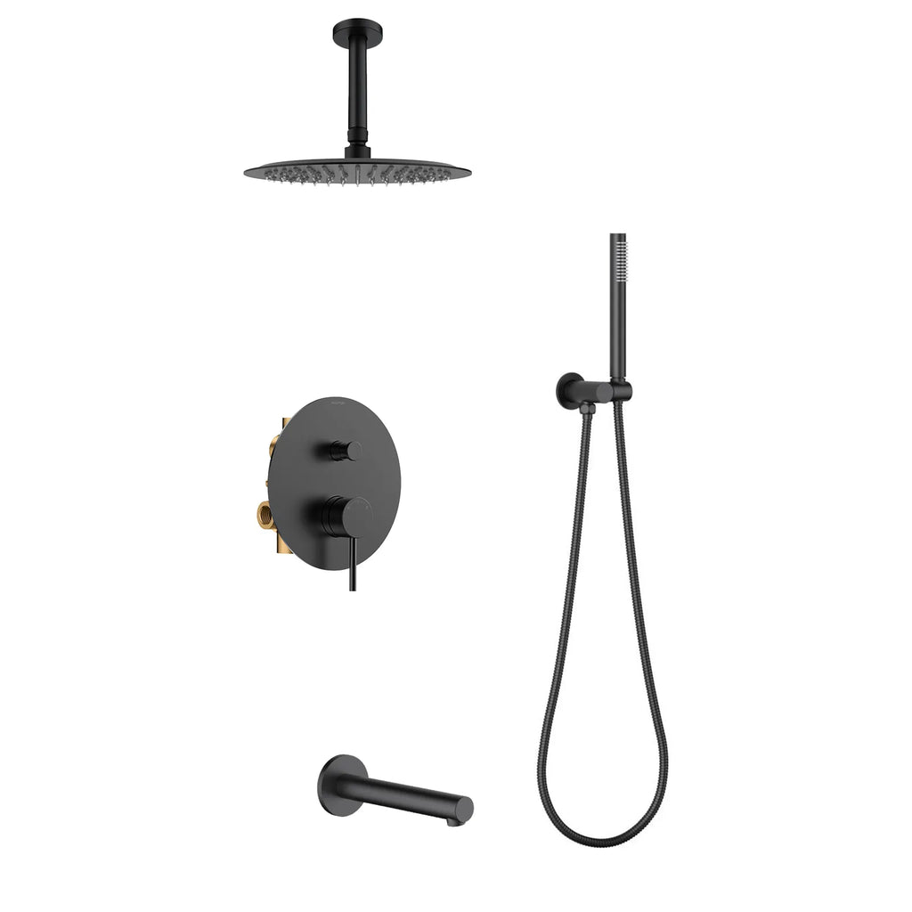 3-Way Concealed Shower System – Brass Pressure Balance Mixer with Rain, Hand & Tub Outlet-AB303005 Matte Black
