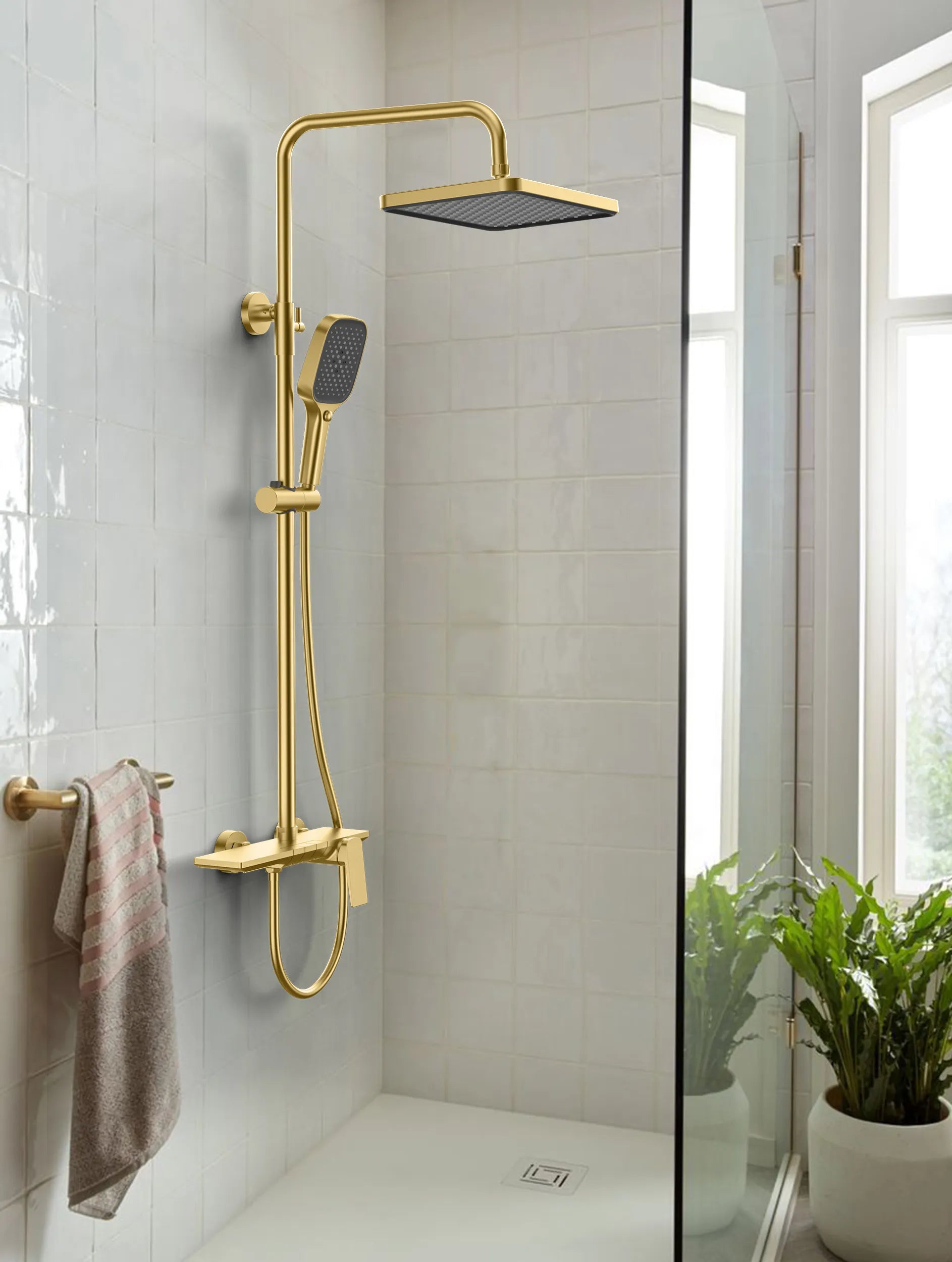 3 way shower column system featured overhead shower, hand shower and bathtub filler-AB403065
