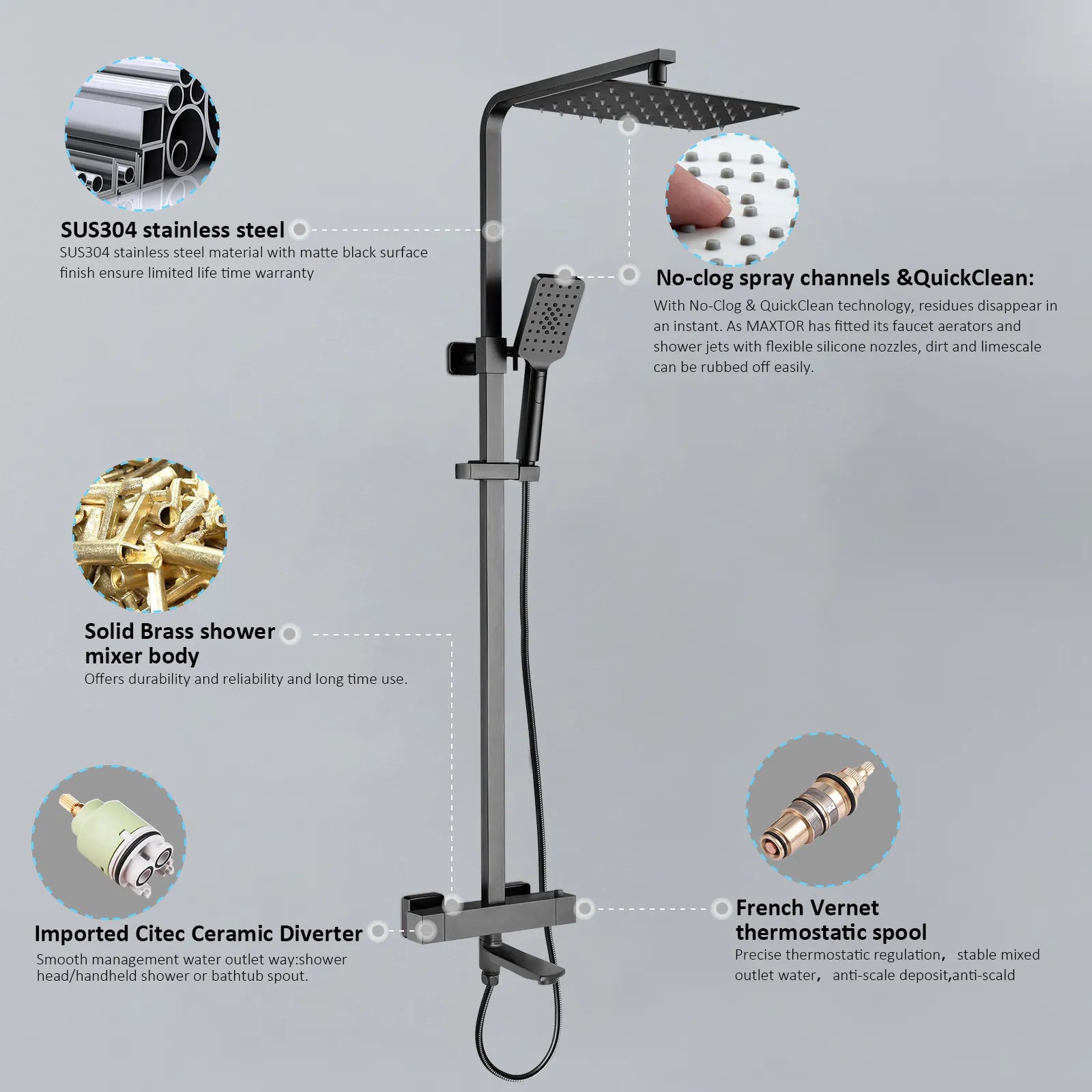3 Way Thermostatic Shower Column – Brass Body & Multi-Function AB413000