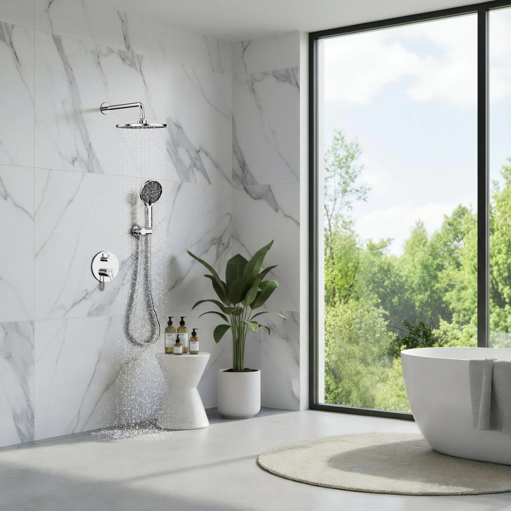 2-Way Wall Concealed Pressure Balance Shower System with Box & Trim Plate Kit – Rain Head & Handheld Shower Set – AB502069