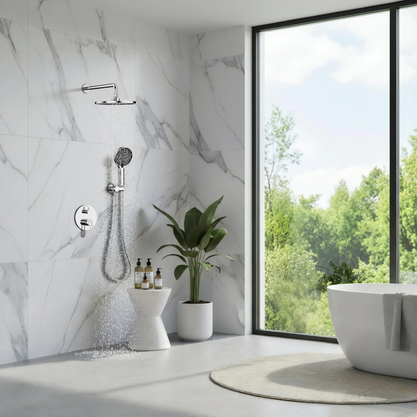 2-Way Wall Concealed Pressure Balance Shower System with Box & Trim Plate Kit – Rain Head & Handheld Shower Set – AB502069