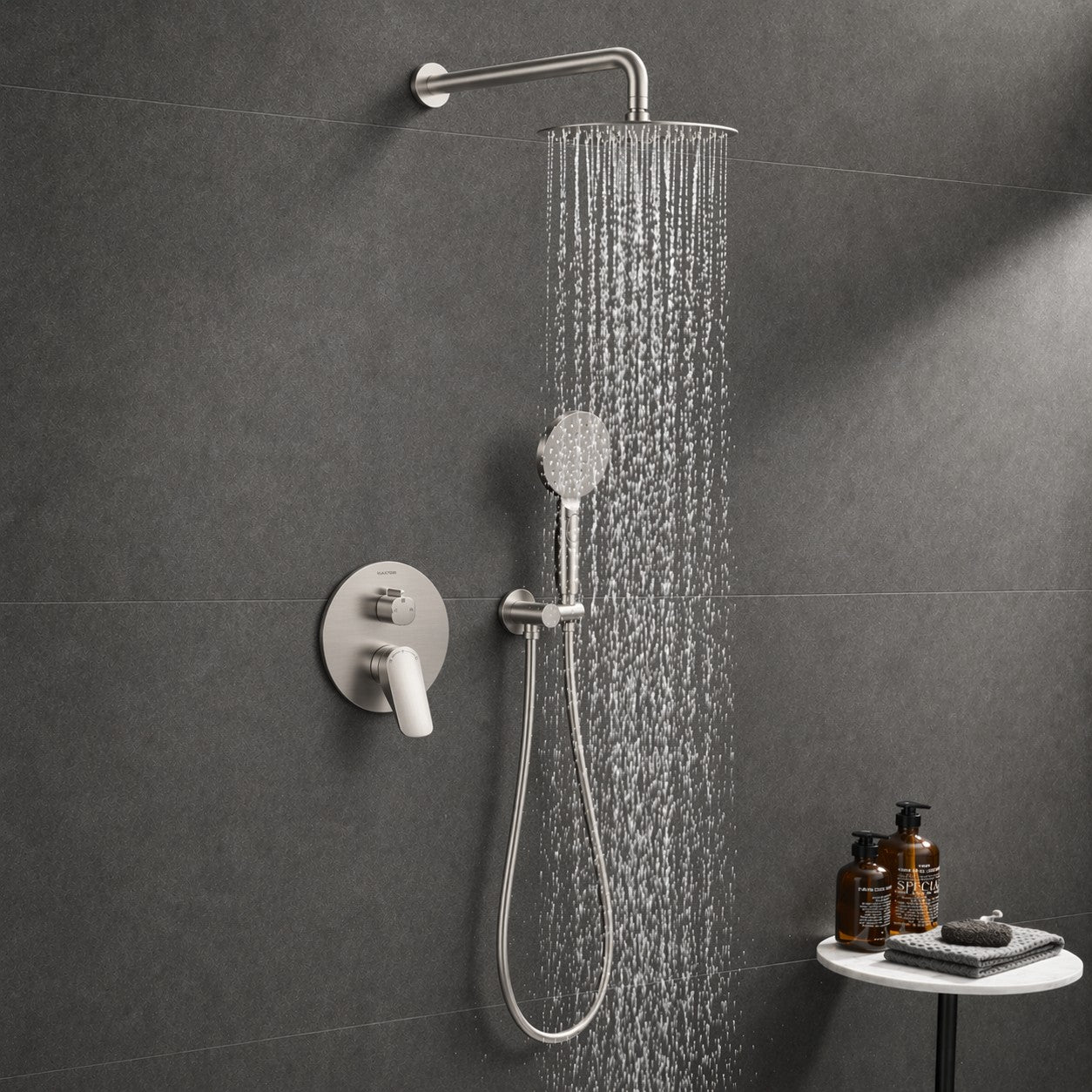 2 Way Concealed Shower System with Rain Shower and Hand Shower – Round Trim Shower Set – AB502076