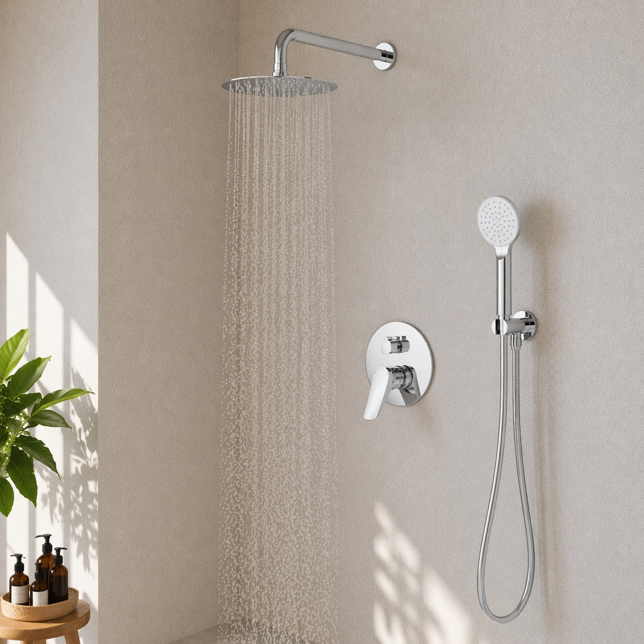 2 Way Concealed Shower System with Rain Shower and Hand Shower – Round Trim Shower Set – AB502076