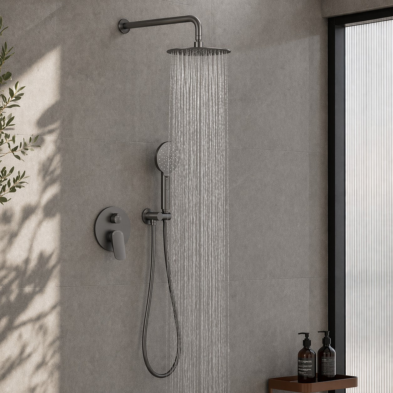 2 Way Concealed Shower System with Rain Shower and Hand Shower – Round Trim Shower Set – AB502076