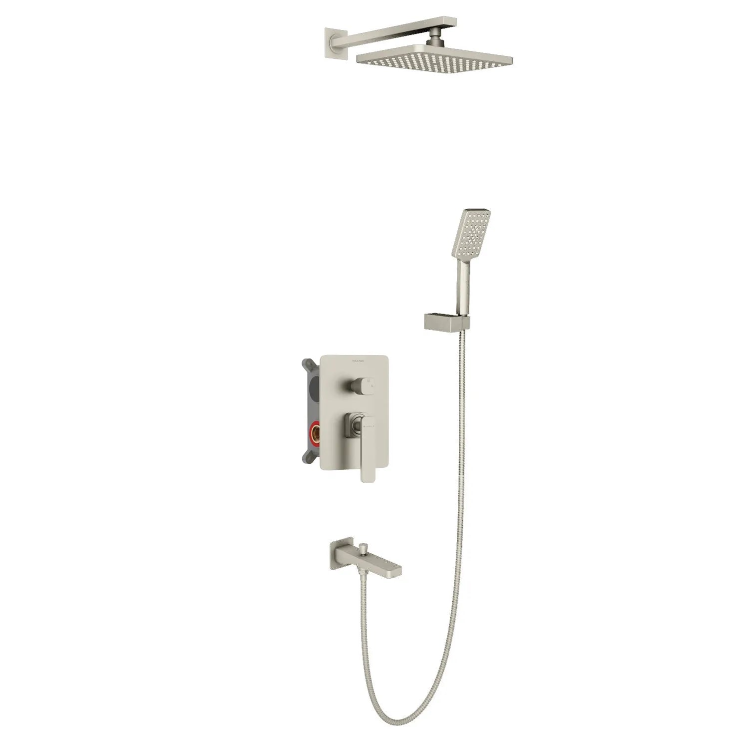3-Way Wall Concealed Brass Shower System with Rain Shower, Hand Shower & Bathtub Spout-AB503001 Brushed Nickel