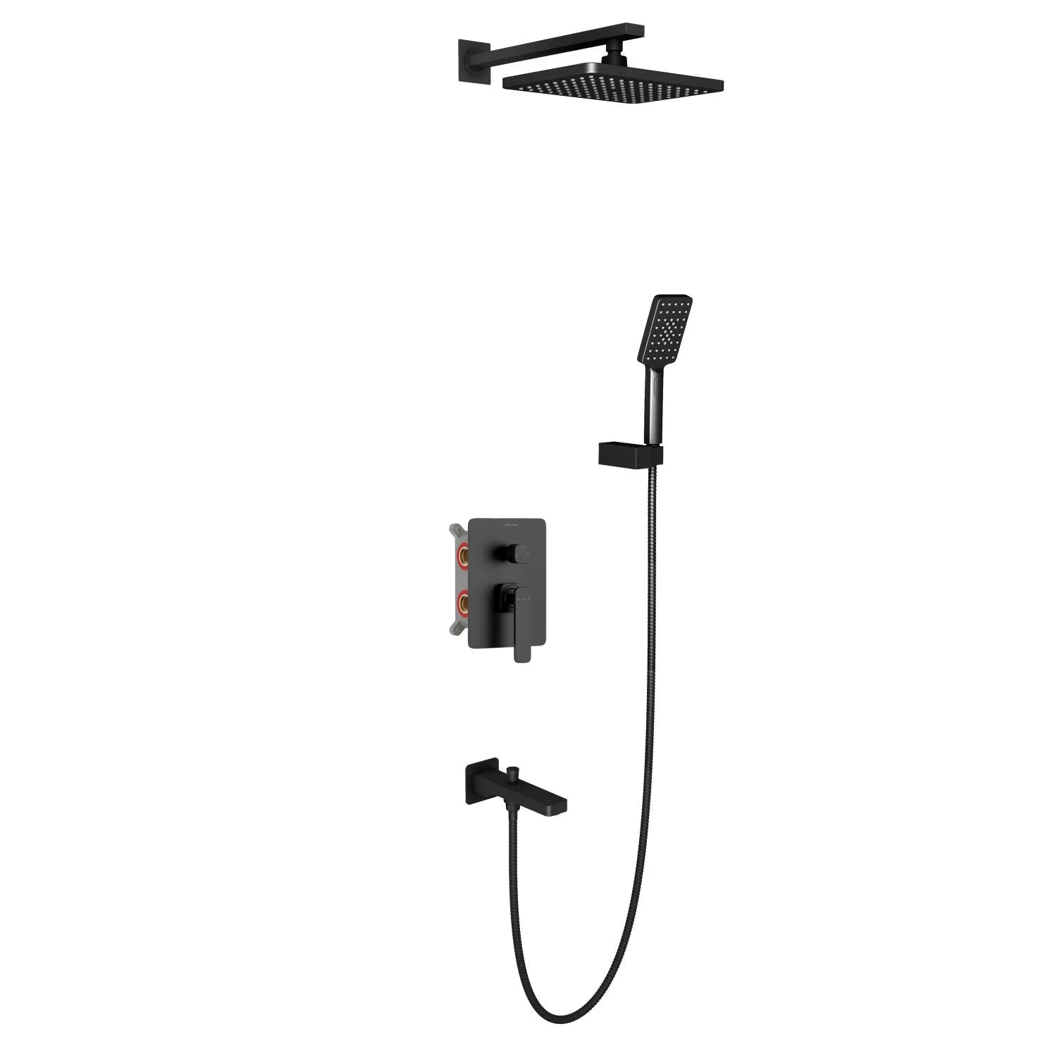 3-Way Wall Concealed Brass Shower System with Rain Shower, Hand Shower & Bathtub Spout-AB503001 Matte Black