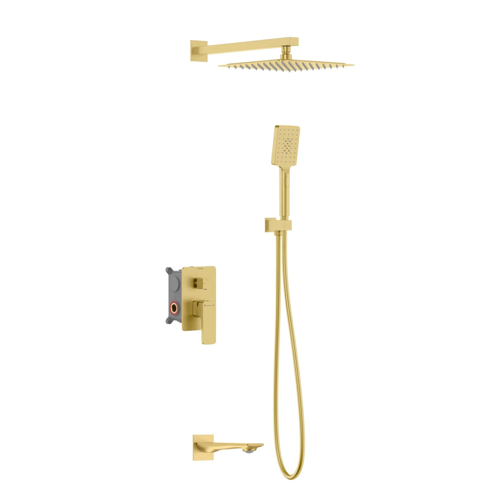 Square Concealed Bath Shower System with Hand Shower and Bath Spout – Three Way Diverter Set – AB503007 Brushed Gold