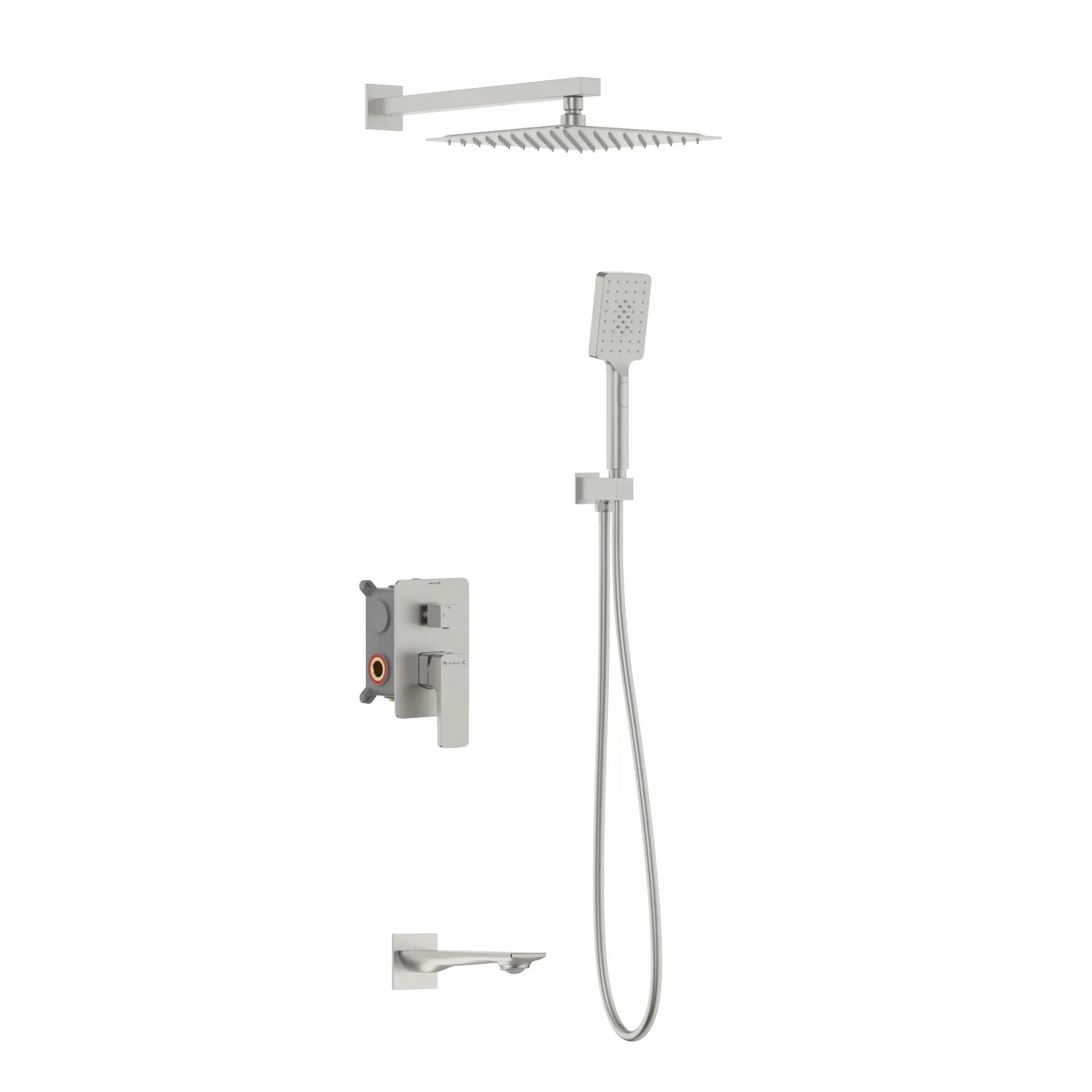 Square Concealed Bath Shower System with Hand Shower and Bath Spout – Three Way Diverter Set – AB503007 Brushed Nickel