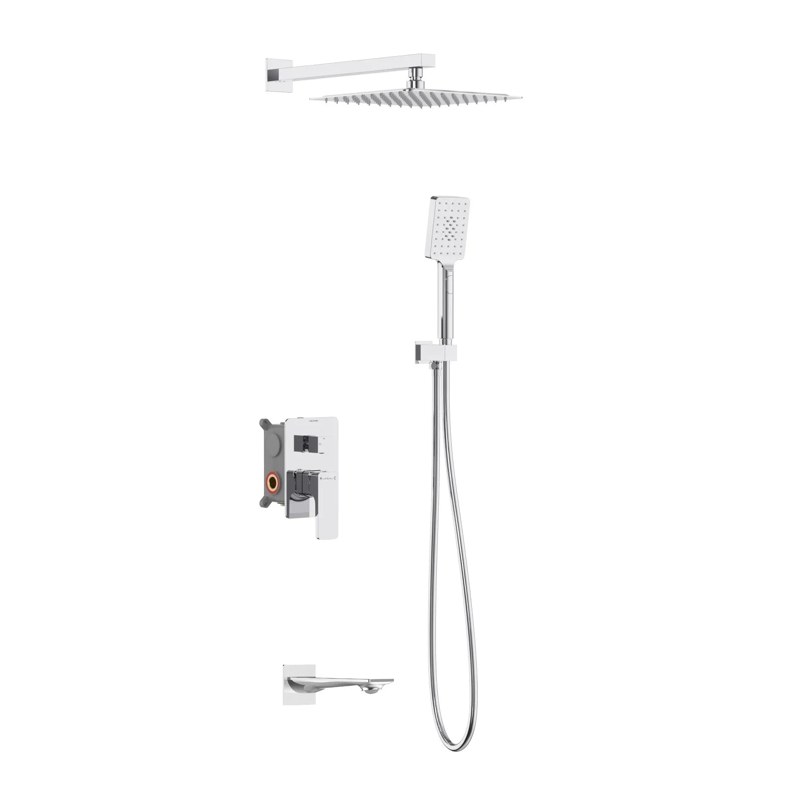Square Concealed Bath Shower System with Hand Shower and Bath Spout – Three Way Diverter Set – AB503007 Chrome