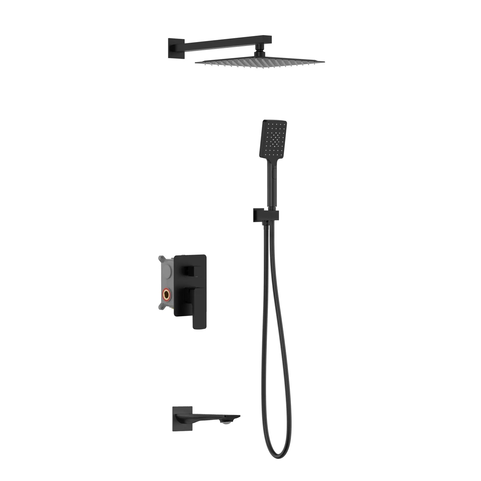 Square Concealed Bath Shower System with Hand Shower and Bath Spout – Three Way Diverter Set – AB503007 Matte Black