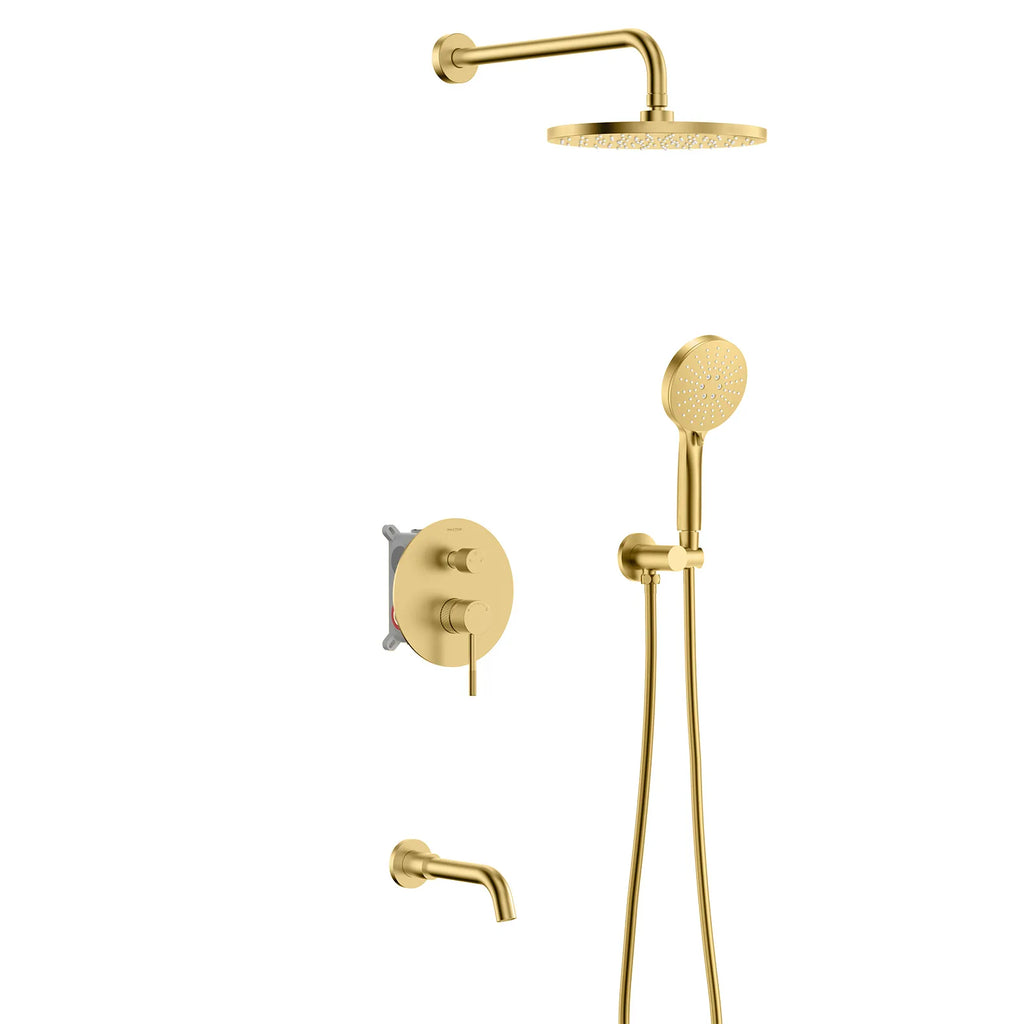 3 Way Wall Concealed Shower System with Tub Spout and Valve Box – Rain Shower, Hand Shower & Bath Filler – AB503033 Brushed Gold