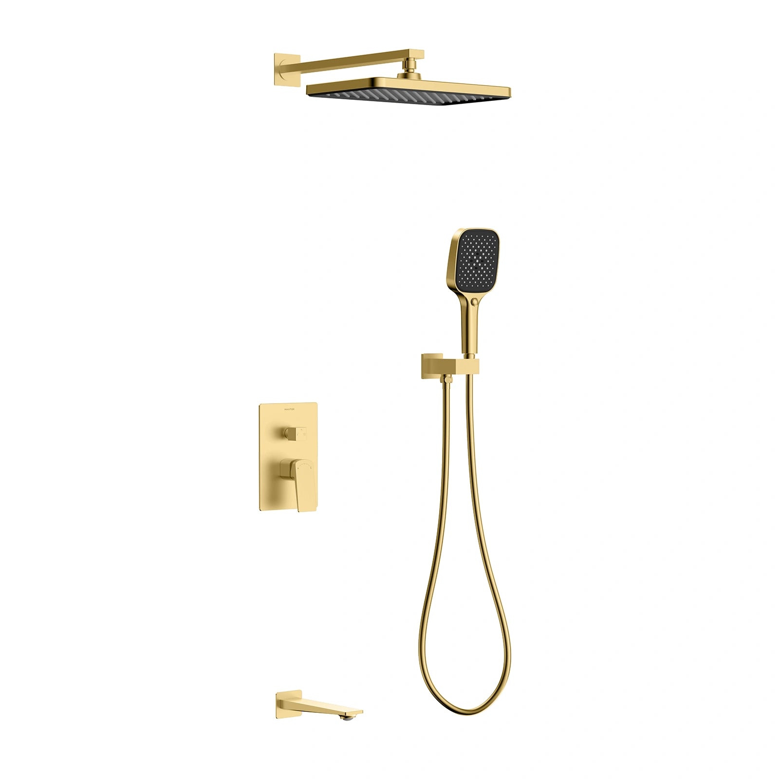 MAXTOR 3 Way Wall Concealed Pressure Balance Shower System with Overhead Rain Shower, Hand Shower & Tub Spout-AB503065 Brushed Gold