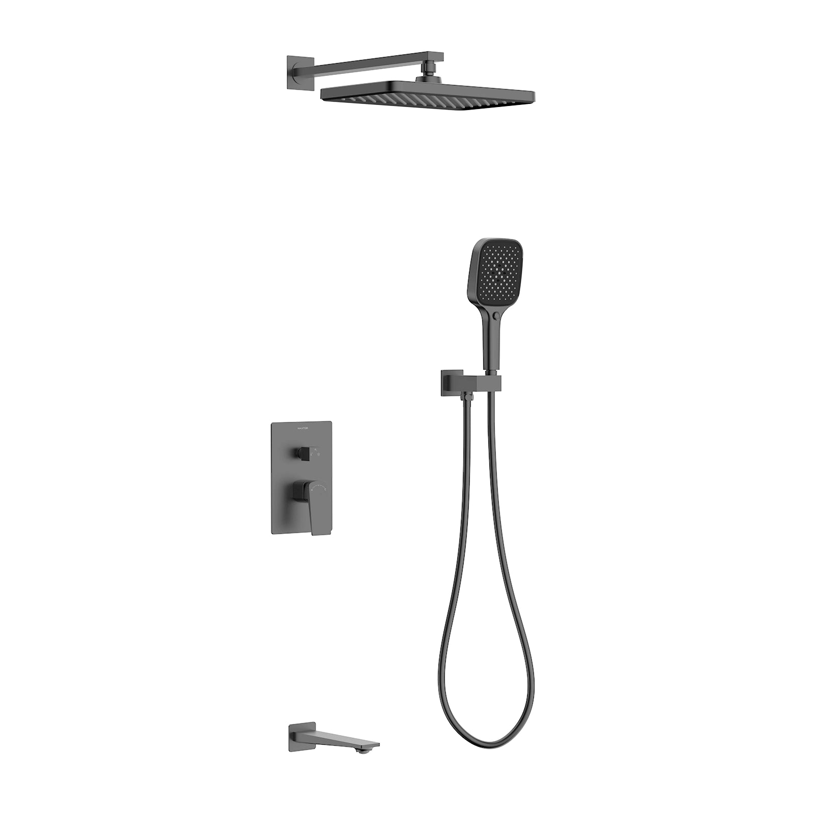 MAXTOR 3 Way Wall Concealed Pressure Balance Shower System with Overhead Rain Shower, Hand Shower & Tub Spout-AB503065 Brushed Gun Metal