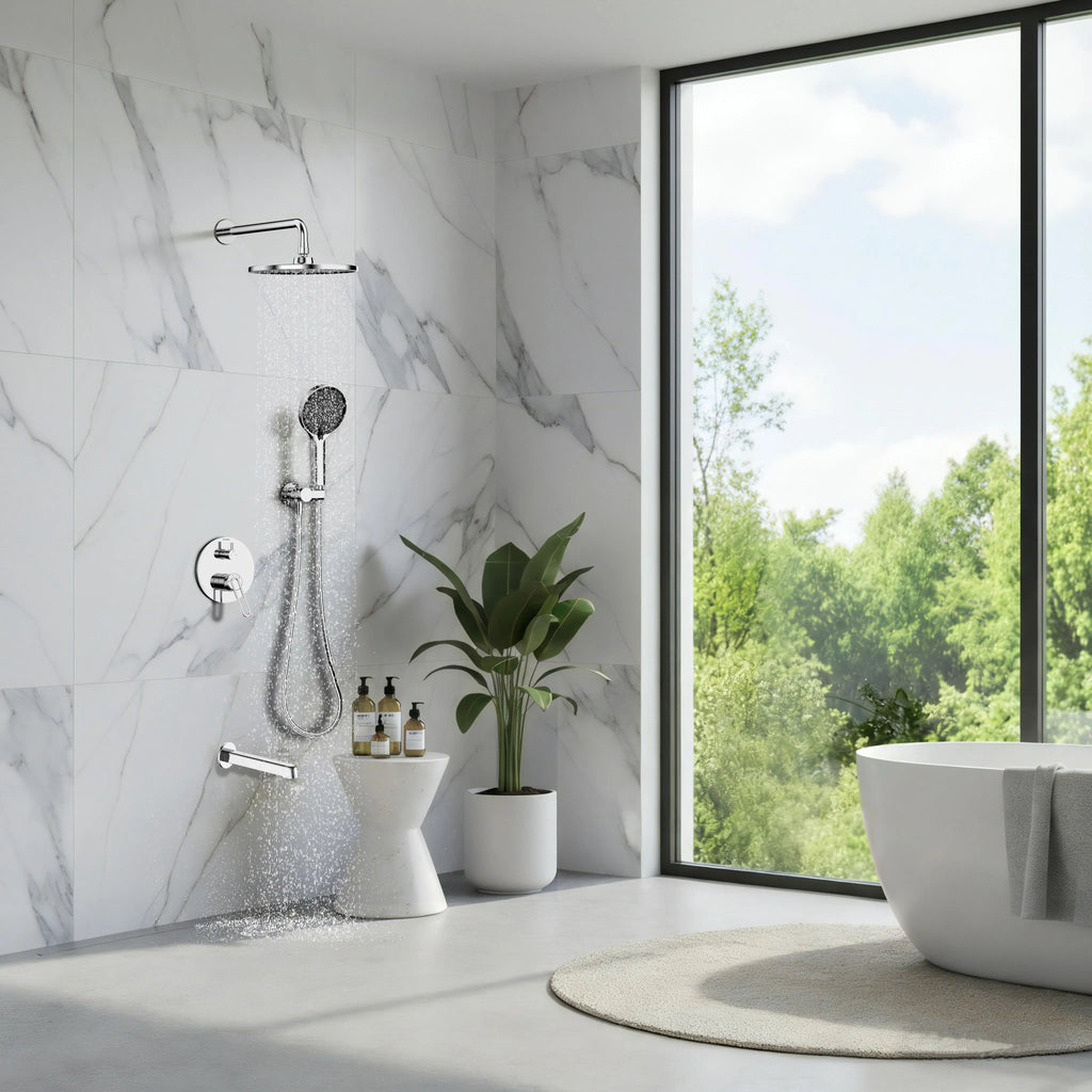 3-Way Pressure Balance Wall Concealed Shower System – Overhead, Hand Shower & Tub Spout – AB503069