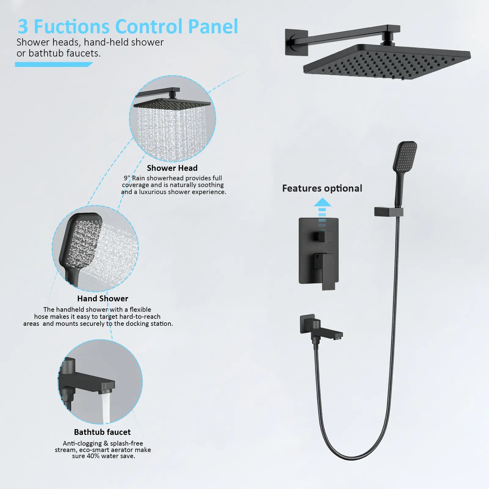 3 Way Wall Concealed Shower System with SUS304 Overhead Rain Shower & Bath Spout