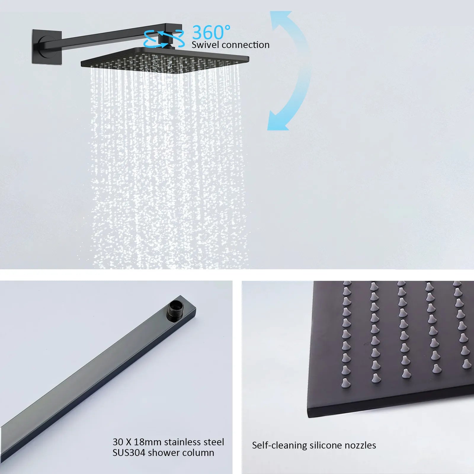 3 Way Wall Concealed Shower System with SUS304 Overhead Rain Shower & Bath Spout