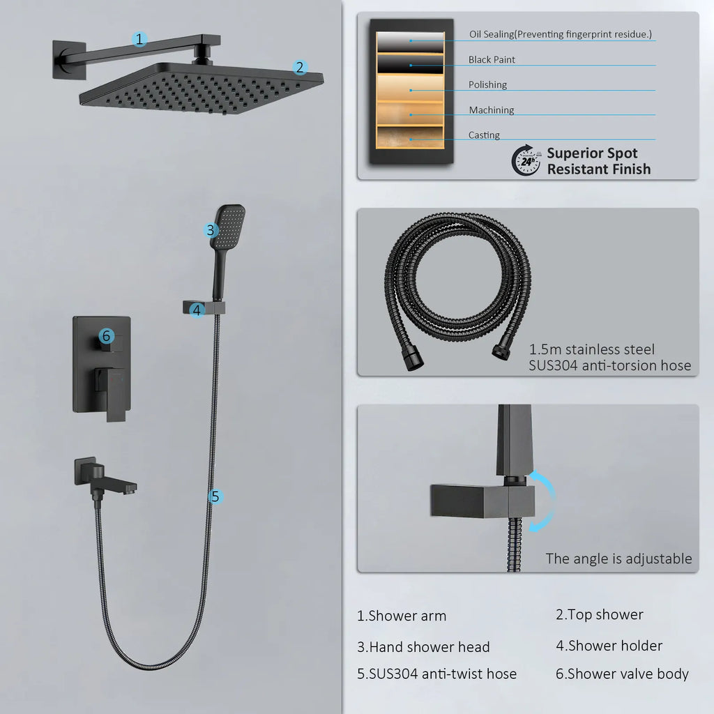 3 Way Wall Concealed Shower System with SUS304 Overhead Rain Shower & Bath Spout