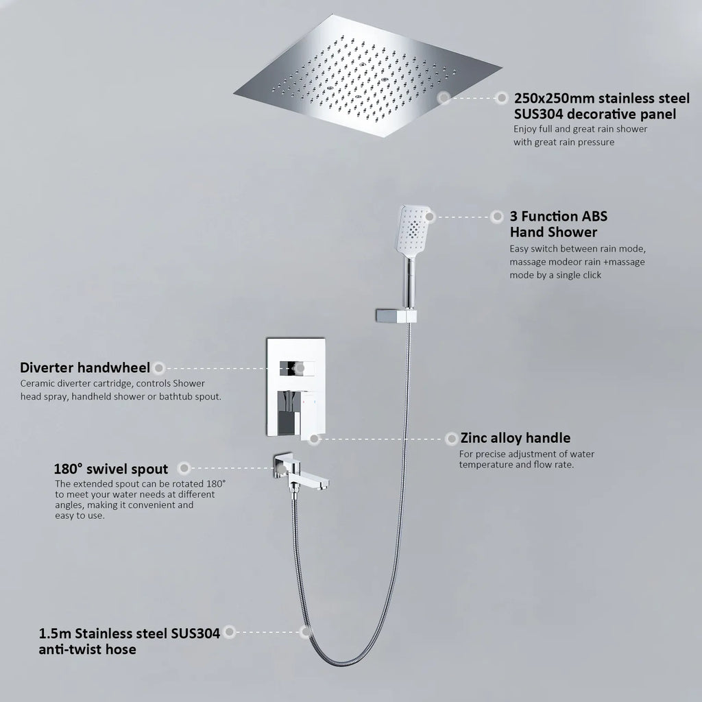 3 Way Wall Concealed Shower System with 400×400mm Overhead Shower & Swivel Spout-AB503300