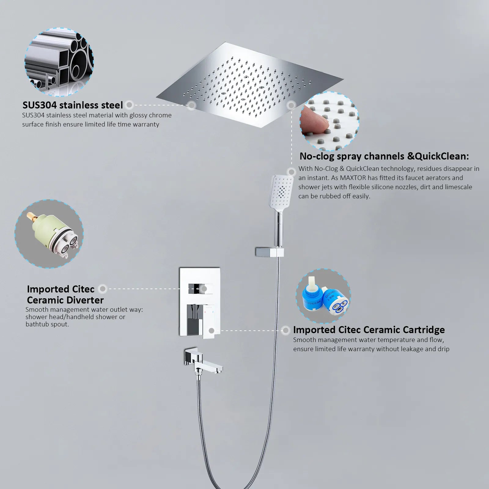 3 Way Wall Concealed Shower System with 400×400mm Overhead Shower & Swivel Spout-AB503300