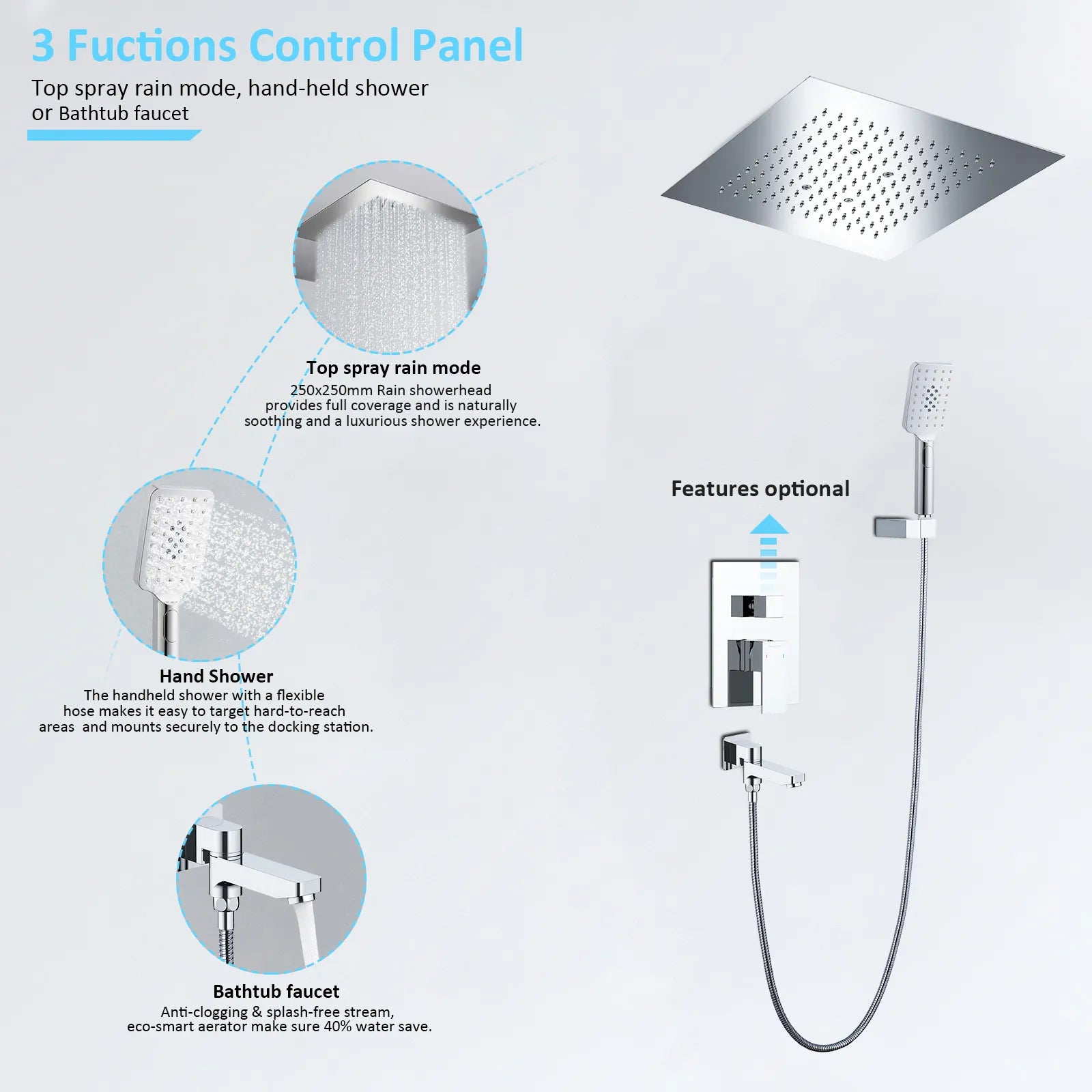 3 Way Wall Concealed Shower System with 400×400mm Overhead Shower & Swivel Spout-AB503300