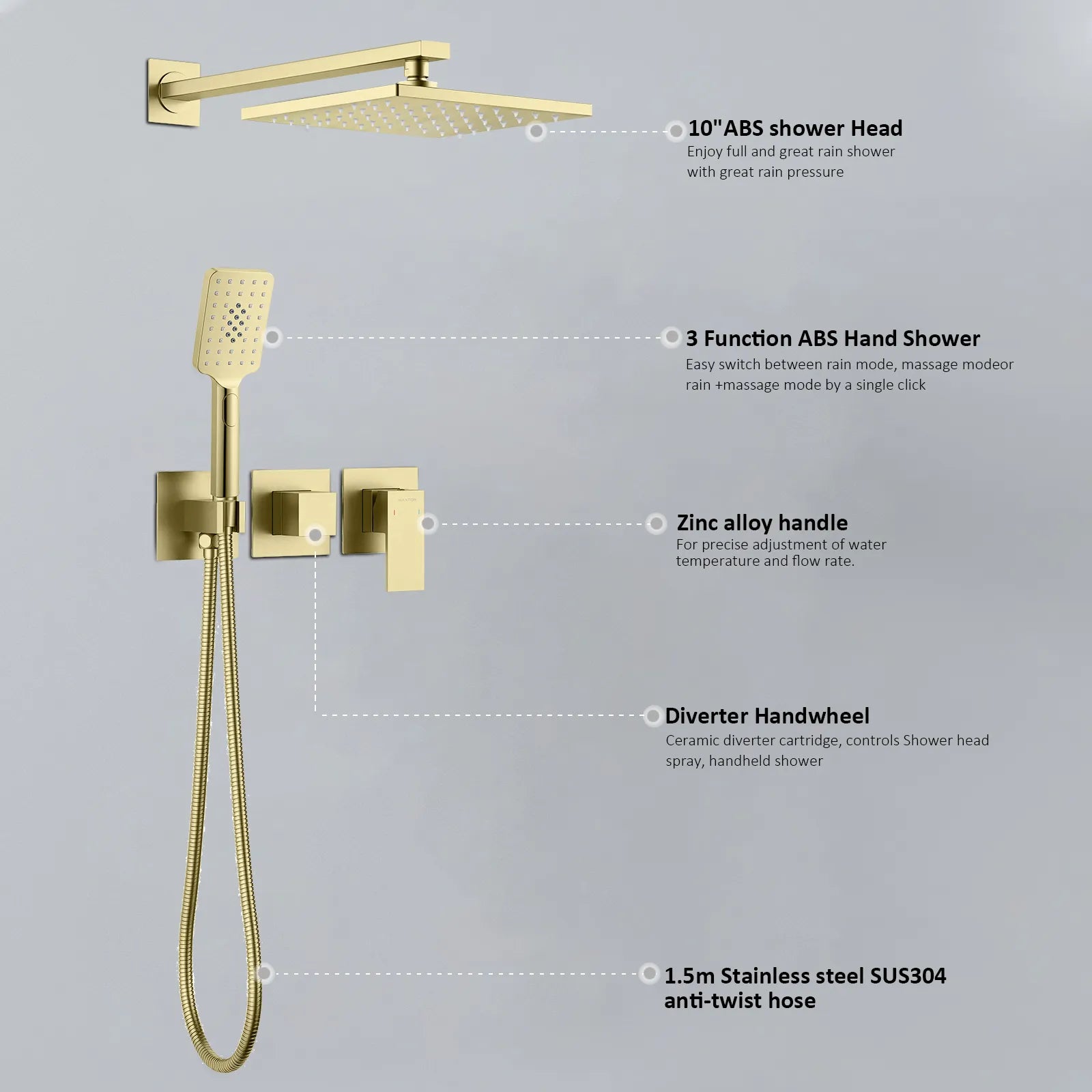 AH502100 2 Way Wall Concealed Shower System– Luxury Brass Mixer with Rainfall Shower
