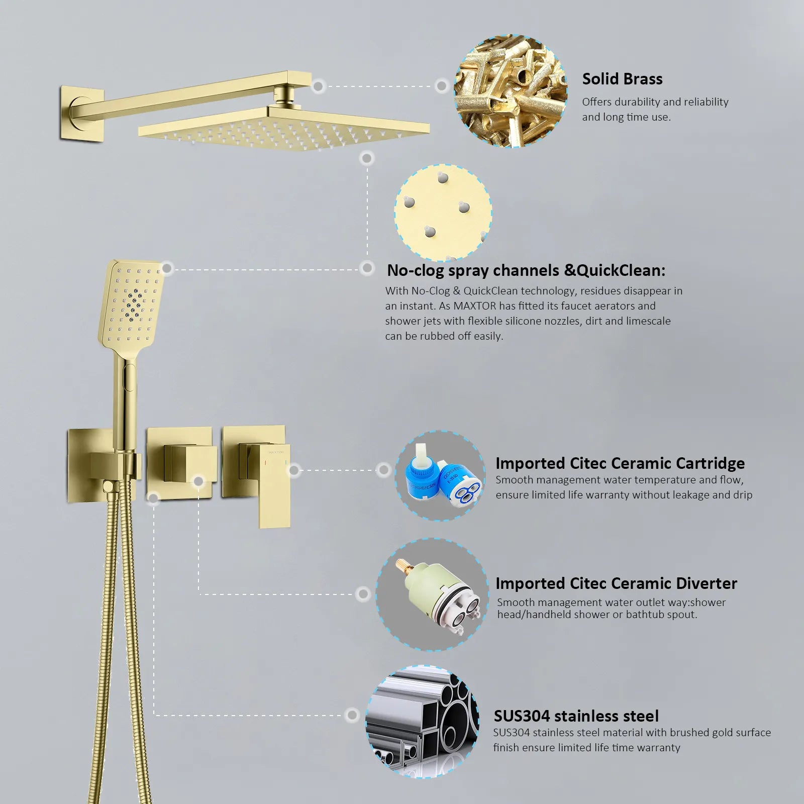 AH502100 2 Way Wall Concealed Shower System– Luxury Brass Mixer with Rainfall Shower