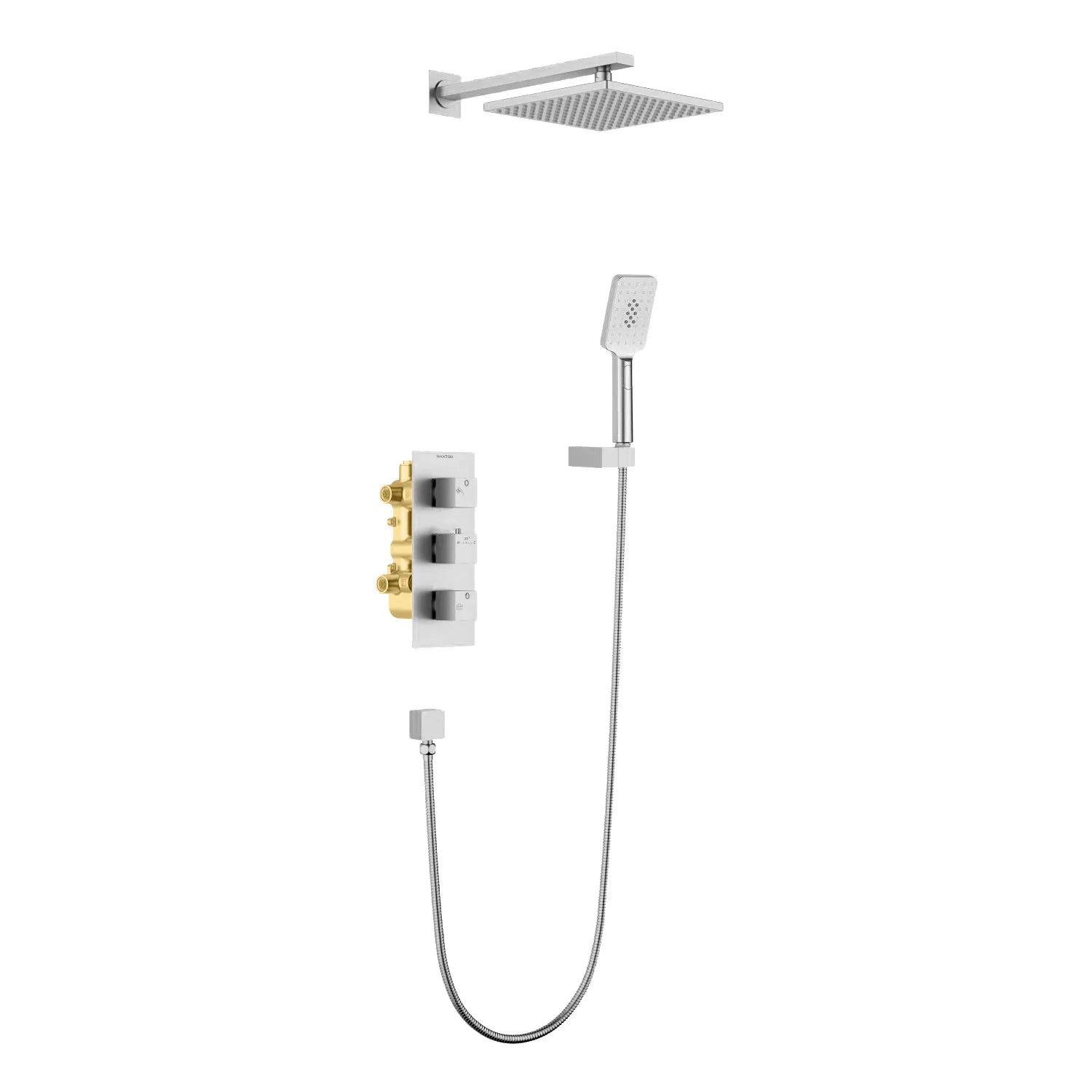 AV512100 Thermostatic 2 Way Wall Concealed Shower Set – Brass Rough-In Valve with Overhead & Handheld Brushed Nickel