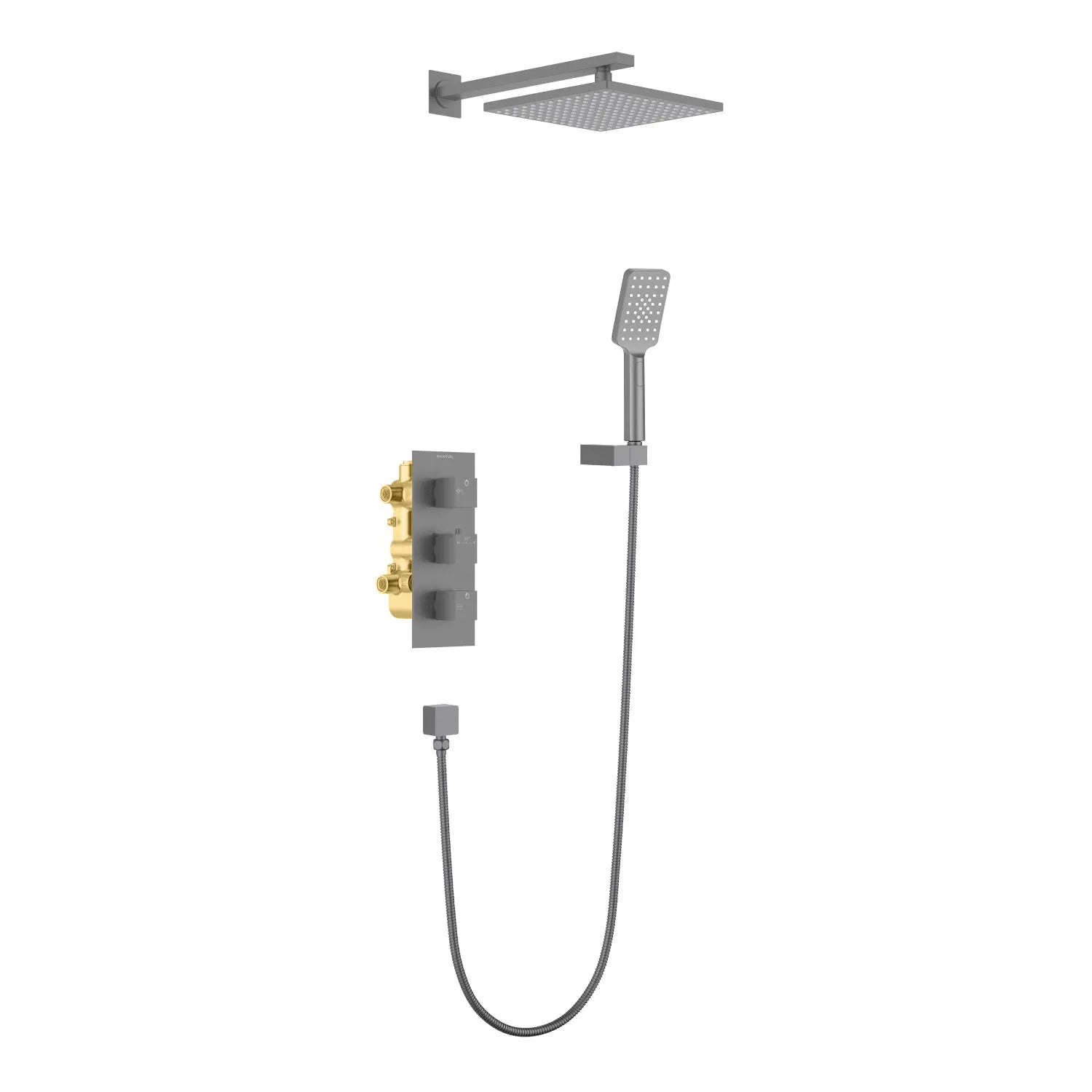 AV512100 Thermostatic 2 Way Wall Concealed Shower Set – Brass Rough-In Valve with Overhead & Handheld Brushed Gun Metal