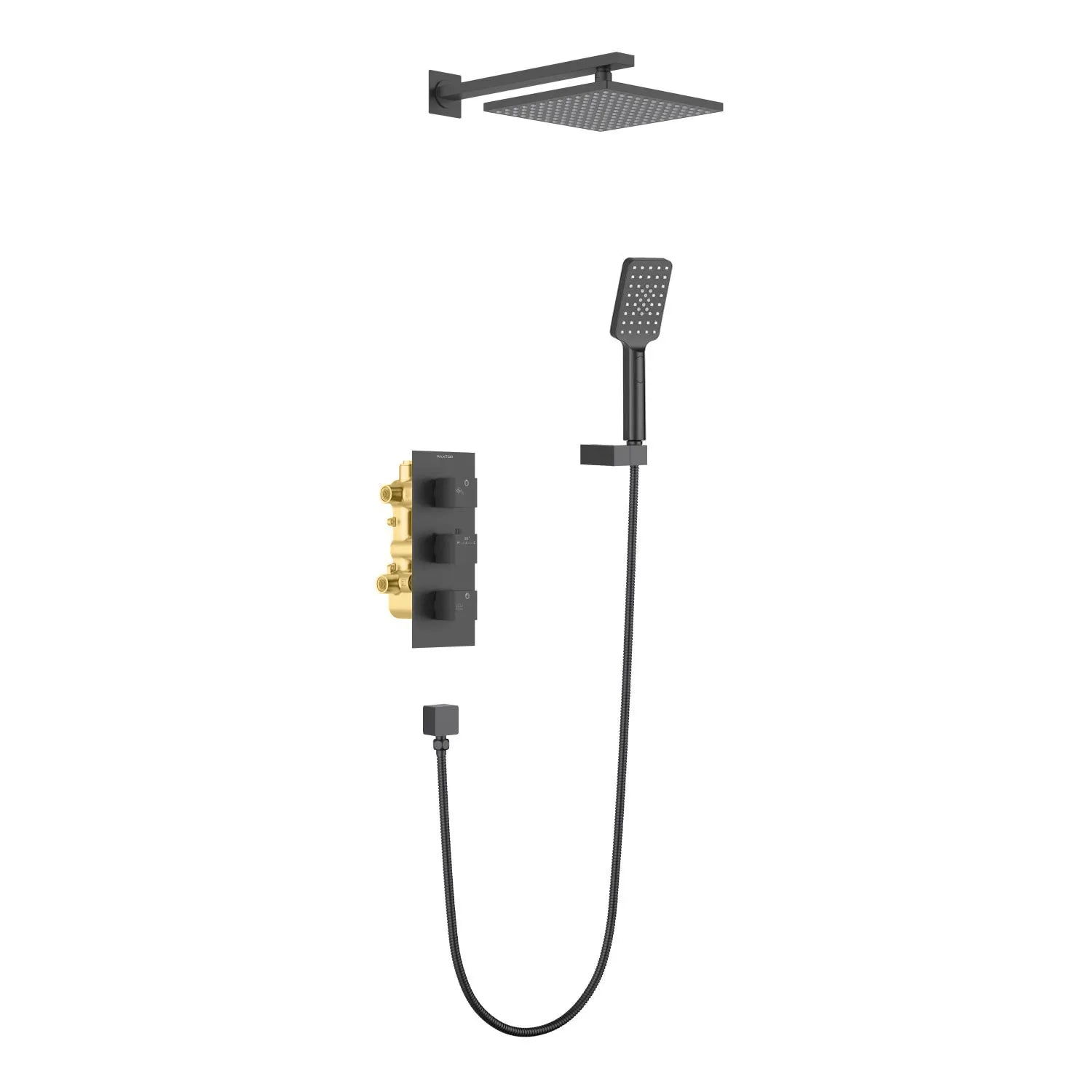 AV512100 Thermostatic 2 Way Wall Concealed Shower Set – Brass Rough-In Valve with Overhead & Handheld Matte Black