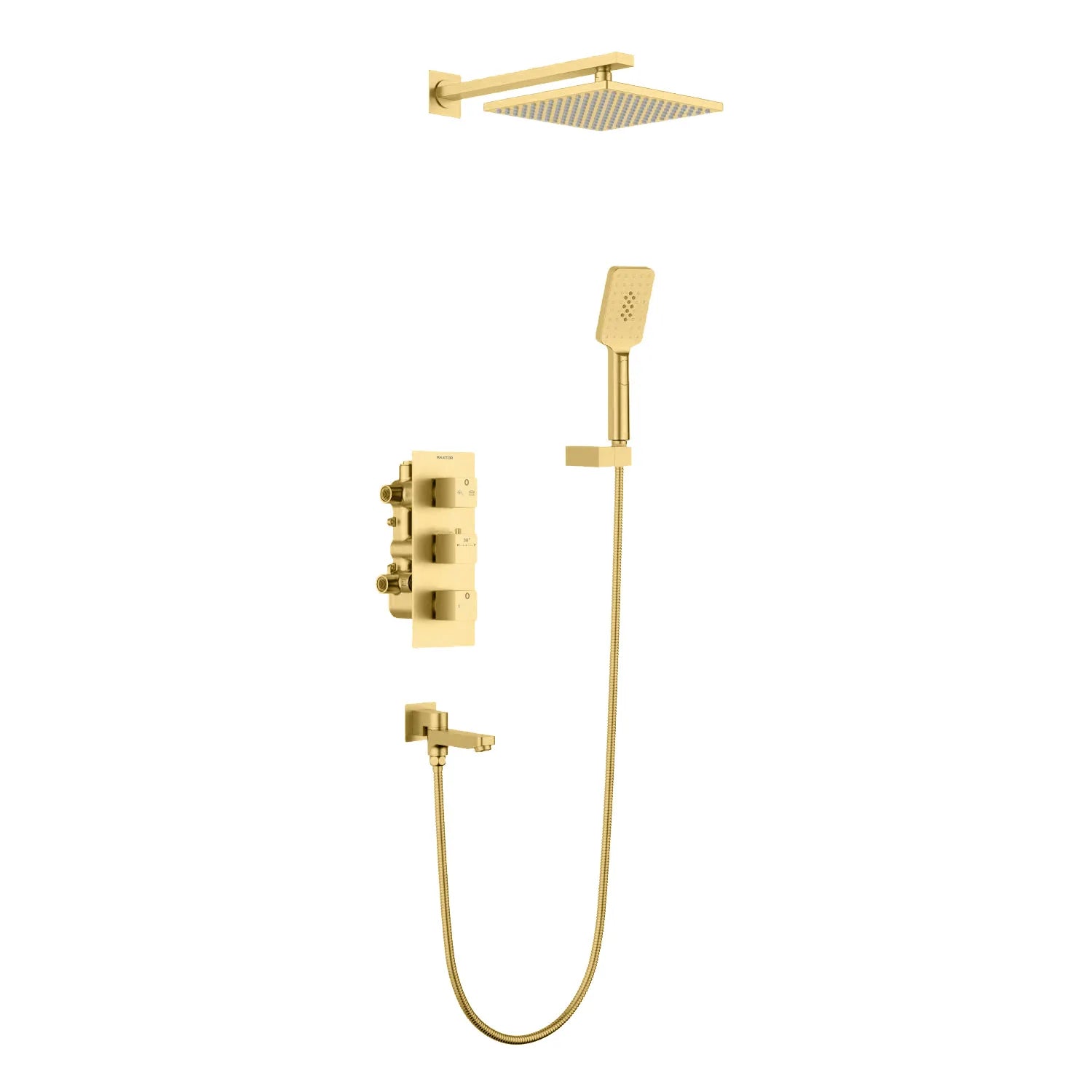 3 Way Thermostatic Wall Concealed Shower System with Rainfall, Hand Shower & Bathtub Spout AV51300 Brushed Gold