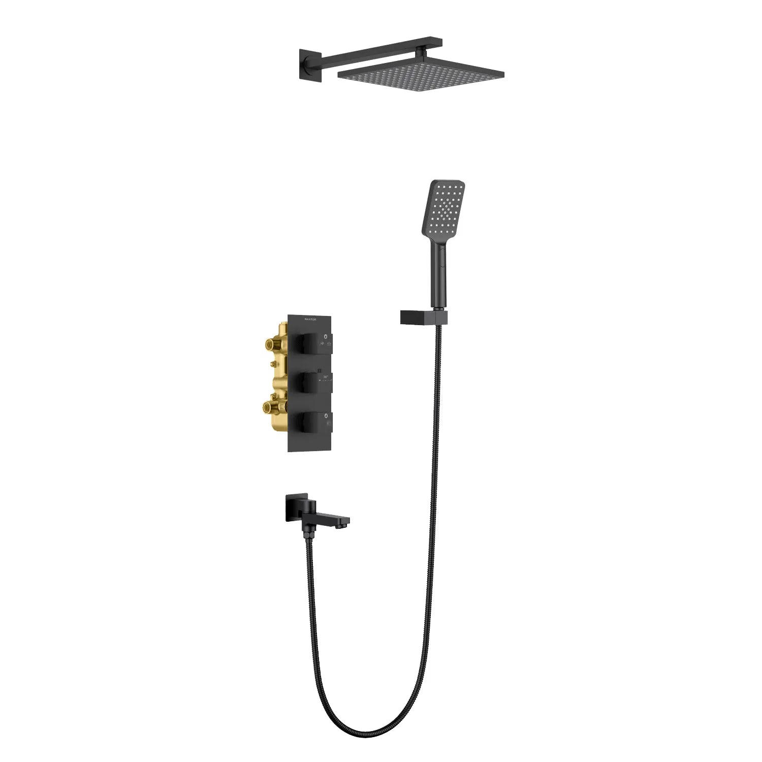 3 Way Thermostatic Wall Concealed Shower System with Rainfall, Hand Shower & Bathtub Spout AV51300 Matte Black