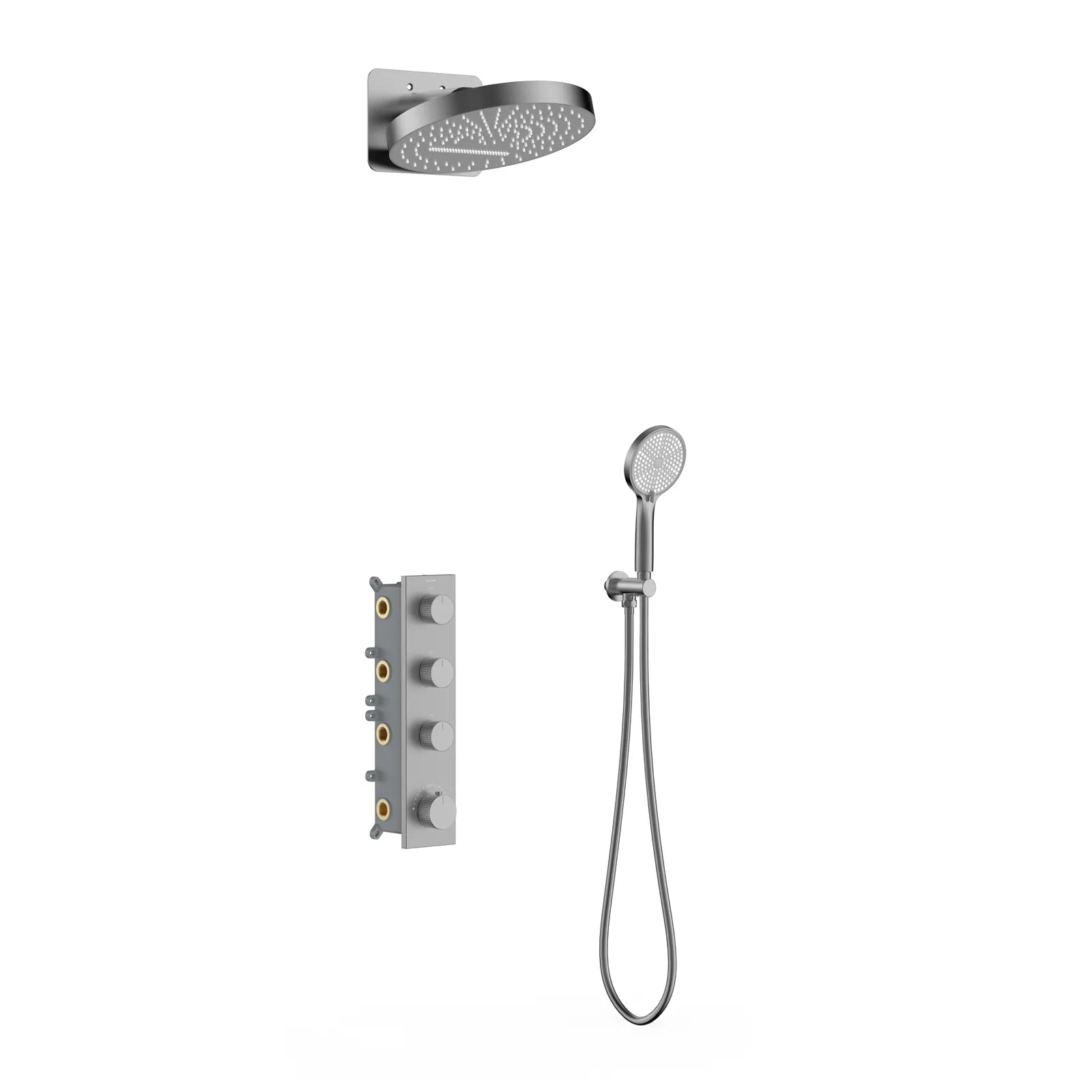 Circular 3 Way Thermostatic Shower system with 3 function overhead shower AV513004 Brushed Gun Metal