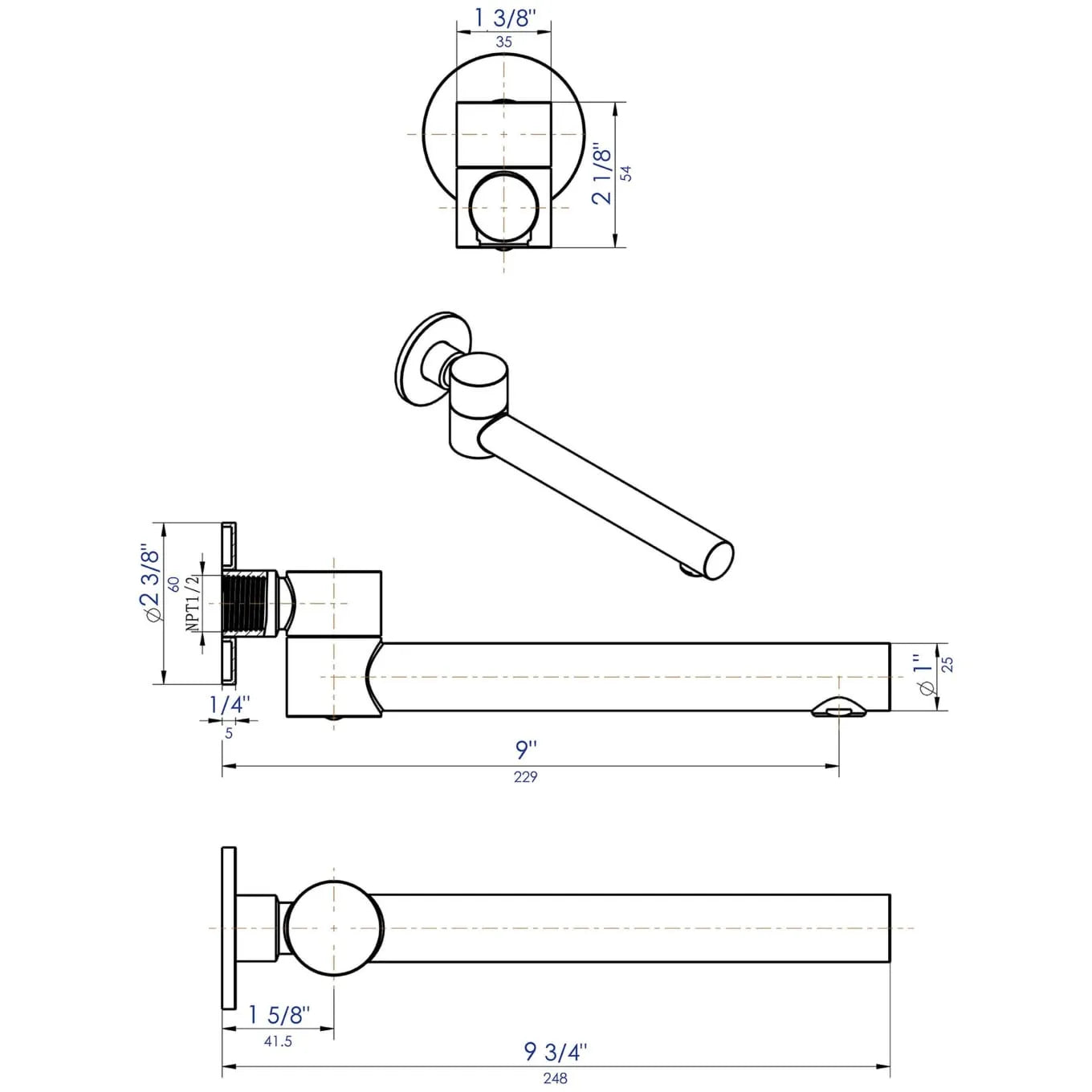 Swivel Wall Mounted Bath Spout - Bath Tub Filler - BSS105 / BS0105