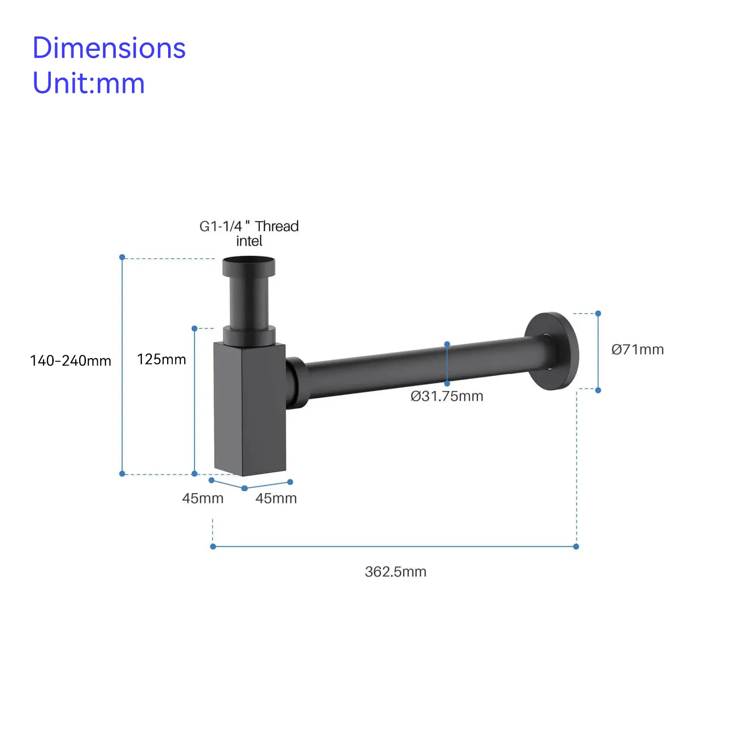 Square Bathroom Basin Bottle Trap with Extension Pipe – Anti-Odor Decorative Drain Trap – BT0004