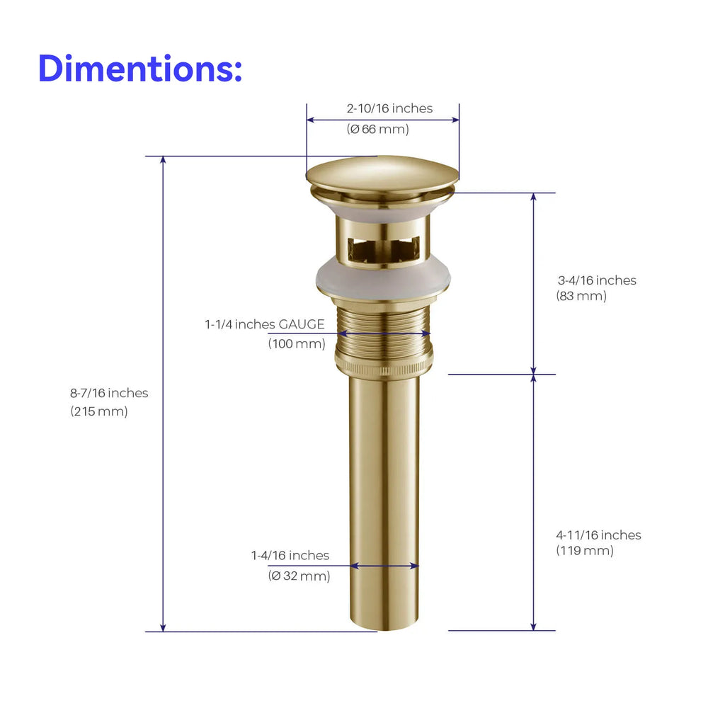 Overflow Pop-Up Basin Drain with SUS Stainless Steel Pipe – Solid Brass Construction – D0001