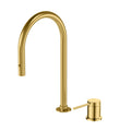 Two-Hole Pull-Down Kitchen Faucet – High Arc, 360° Swivel Spout & PEX Hose – KFB0006 Brushed Gold
