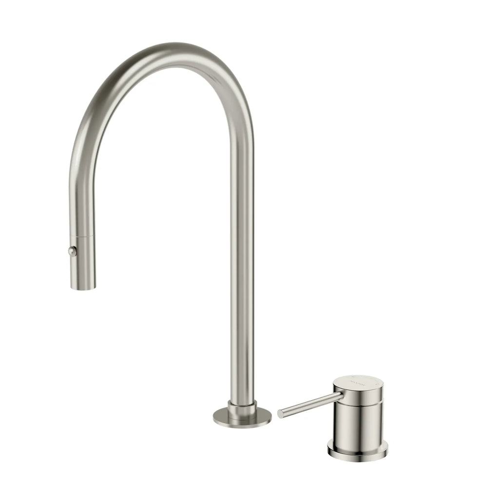 Two-Hole Pull-Down Kitchen Faucet – High Arc, 360° Swivel Spout & PEX Hose – KFB0006 Brushed Nickel