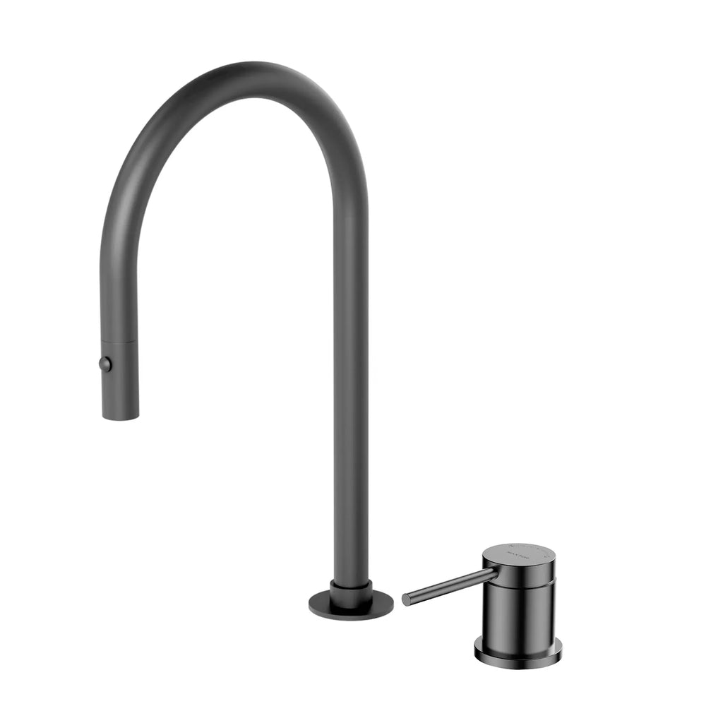 Two-Hole Pull-Down Kitchen Faucet – High Arc, 360° Swivel Spout & PEX Hose – KFB0006 Brushed Gun Metal