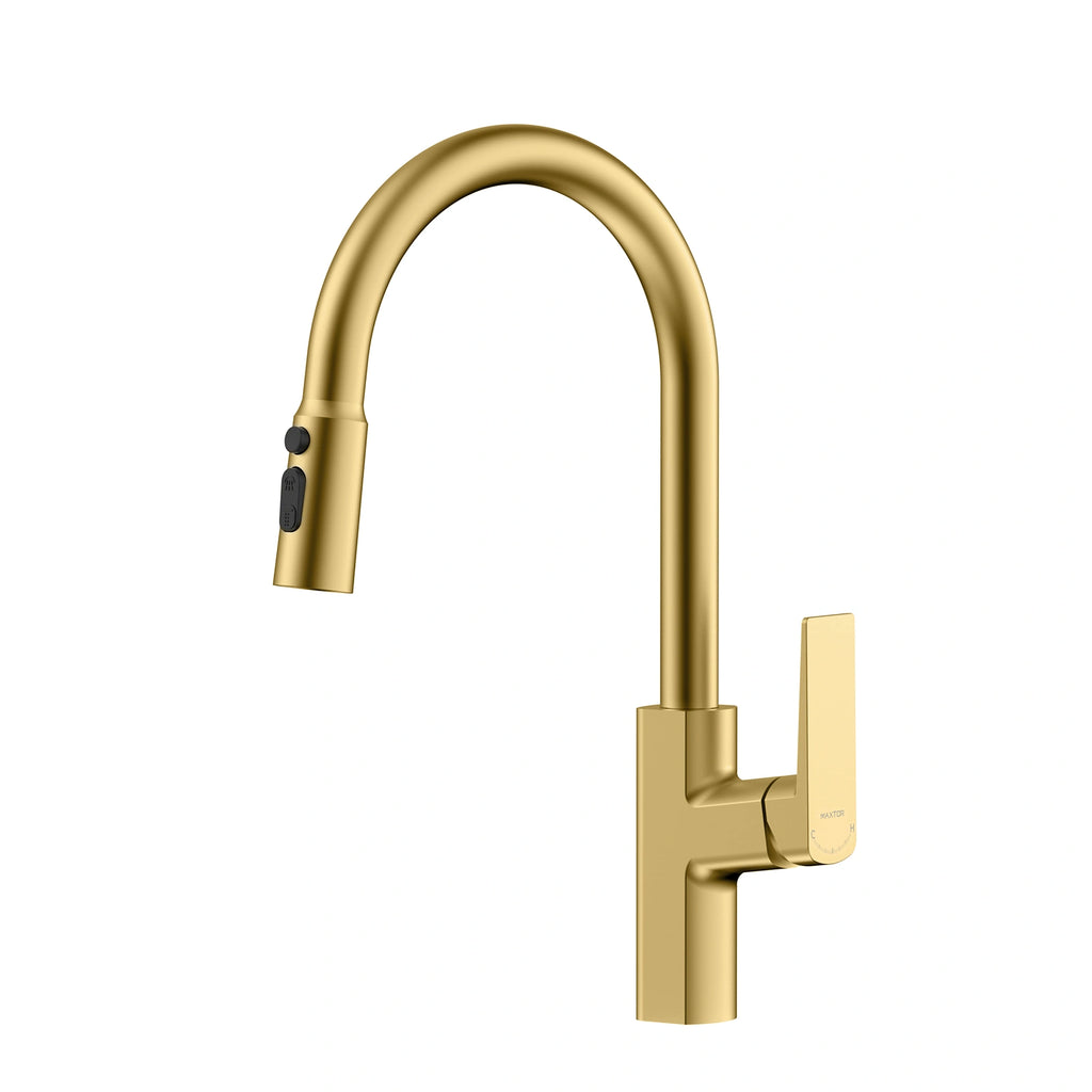 MAXTOR High Arc Pull Down Kitchen Faucet with 360° Swivel Spout & 1.8 GPM Sprayer-KFB0065 Brushed Gold