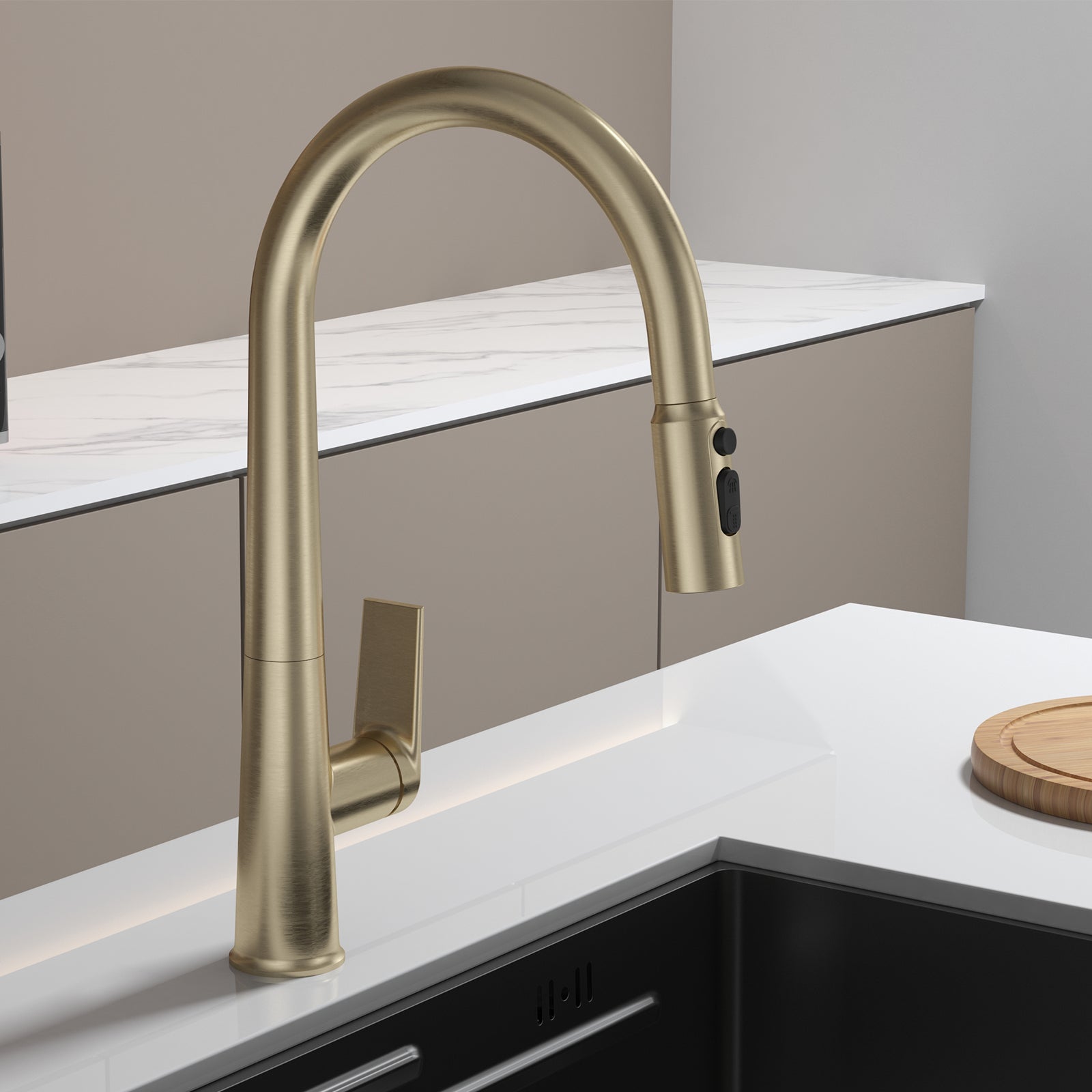 MAXTOR Pull-Down Kitchen Faucet – High Arc, 2-Function Spray Features-KFB010064