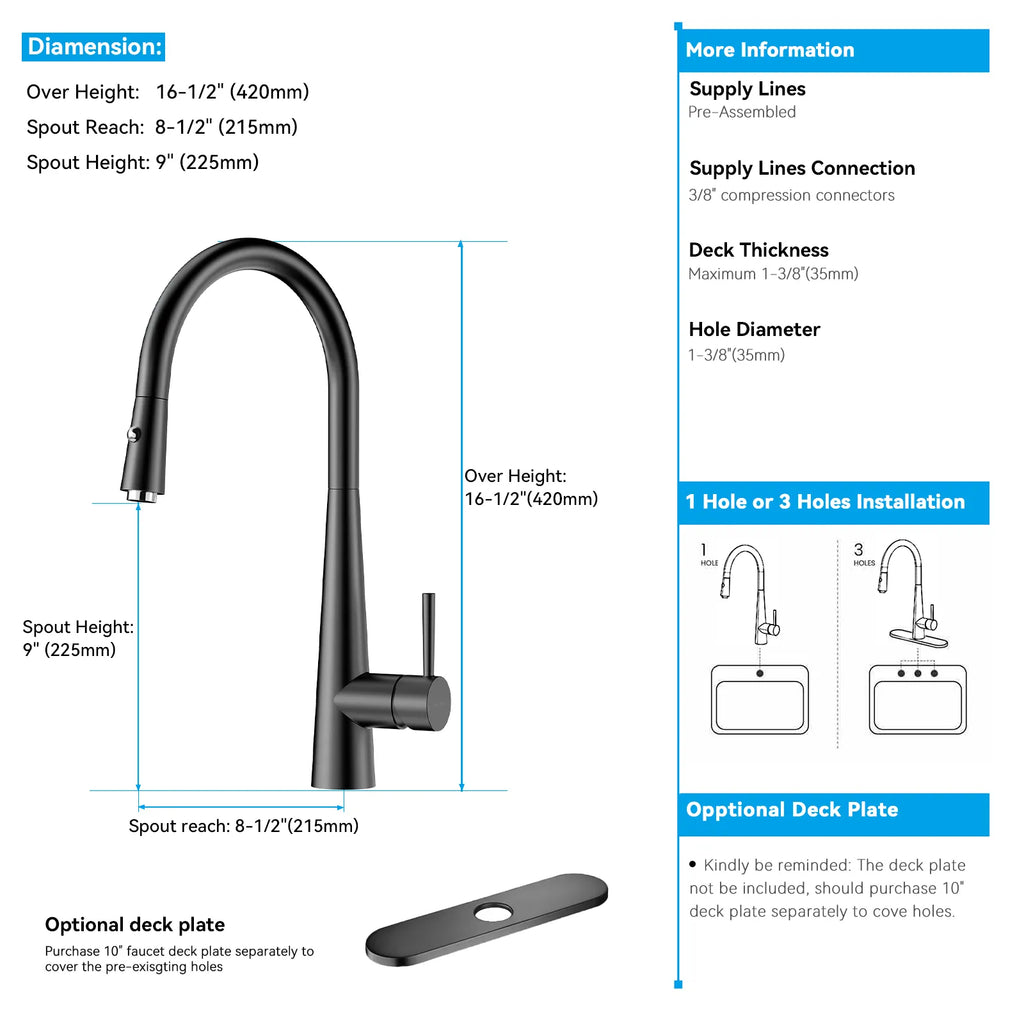 Matte Black Pull-Down Kitchen Faucet – Dual-Function Brass Spray – KFB1004