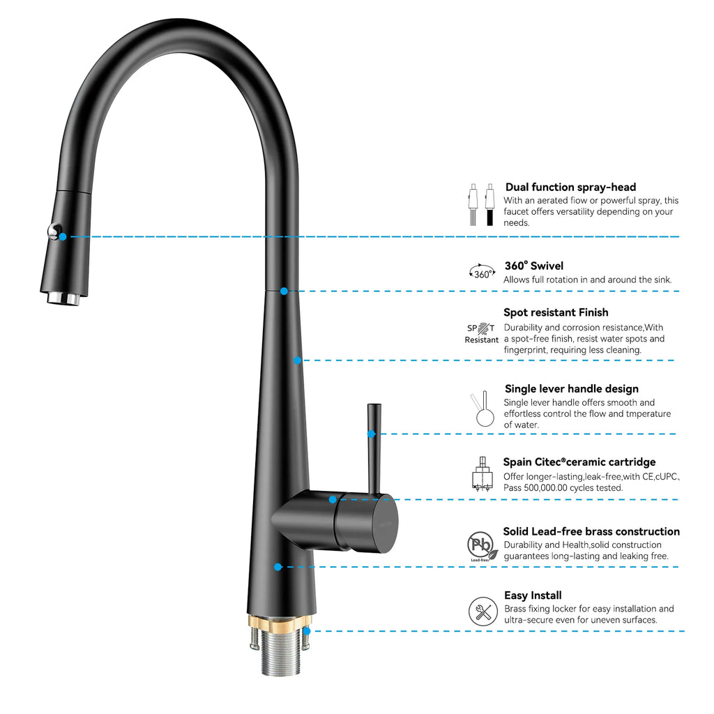 Matte Black Pull-Down Kitchen Faucet – Dual-Function Brass Spray – KFB1004