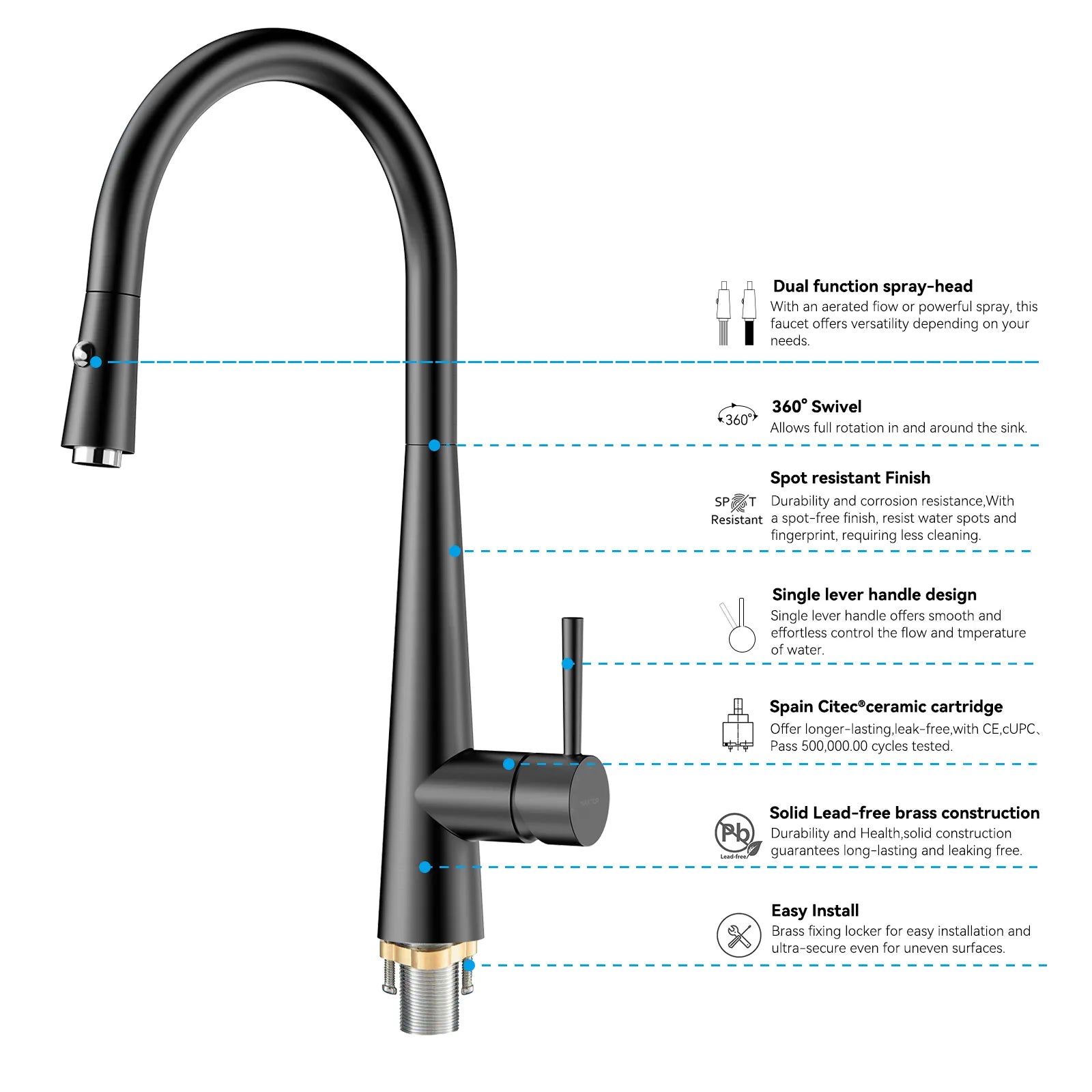 Matte Black Pull-Down Kitchen Faucet – Dual-Function Brass Spray – KFB1004