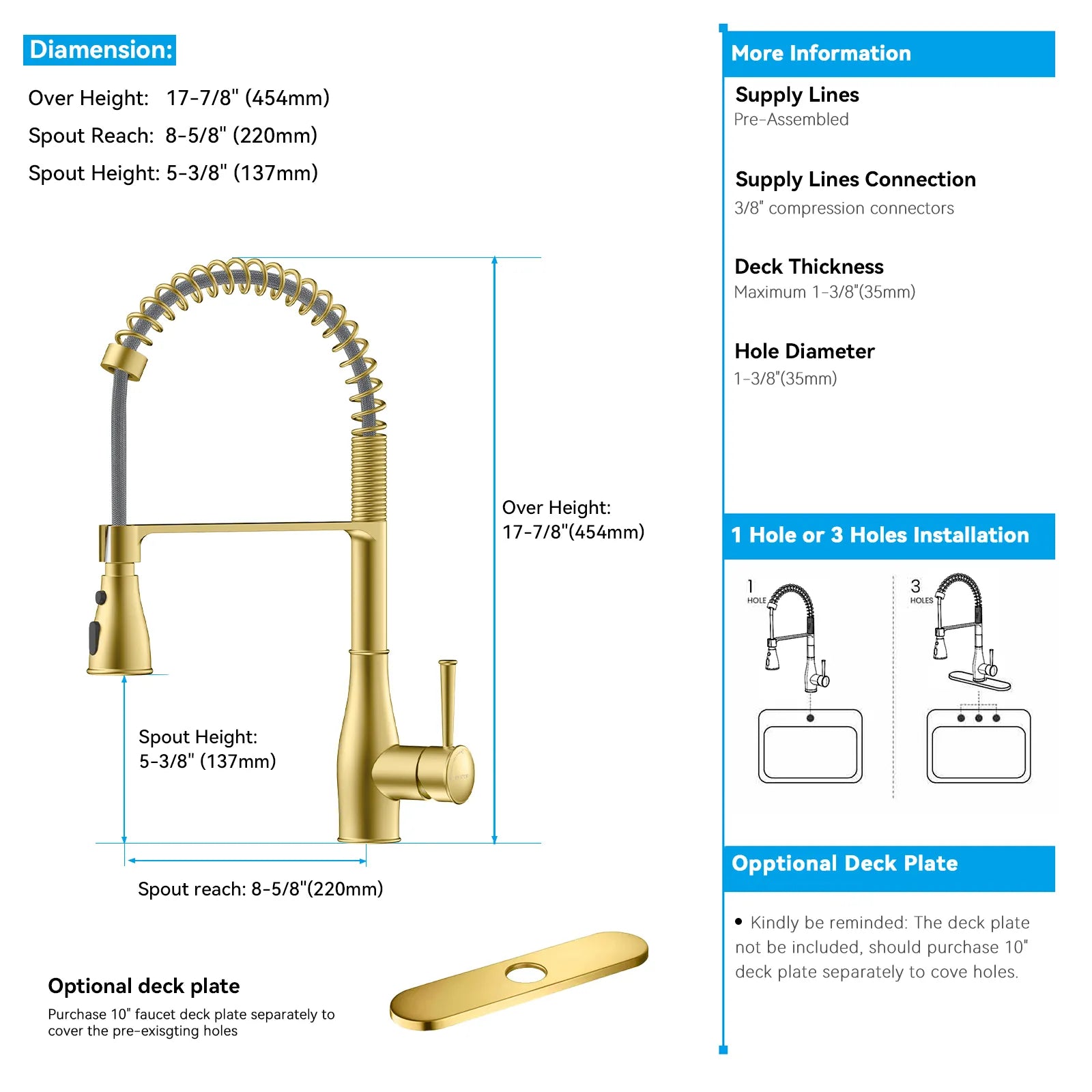 Commercial Style Pull-Down Kitchen Faucet – Triple-Function Spring Spray – KFB1036