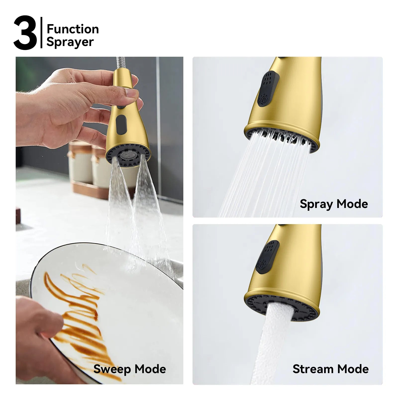 Commercial Style Pull-Down Kitchen Faucet – Triple-Function Spring Spray – KFB1036