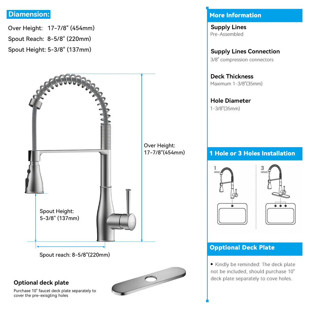 Commercial Style Pull-Down Kitchen Faucet – Triple-Function Spring Spray – KFB1036