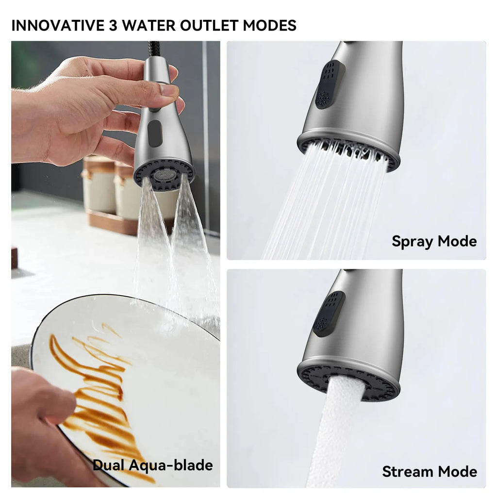 Commercial Style Pull-Down Kitchen Faucet – Triple-Function Spring Spray – KFB1036